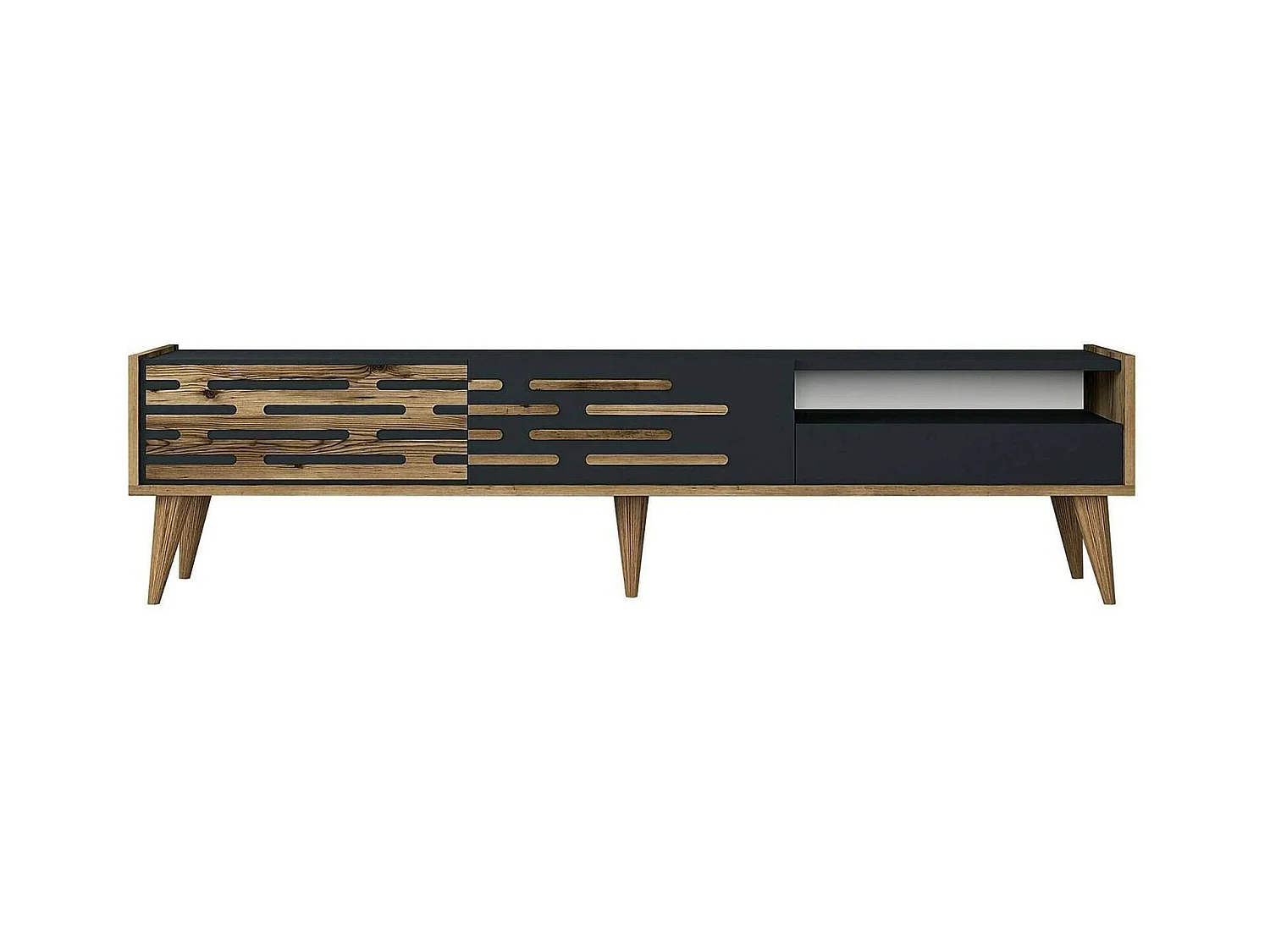 Meuble TV Alnilam, Buffet de salon, Armoire basse pour TV, Base murale de rangement, 180x45h35 cm, Anthracite et Noyer