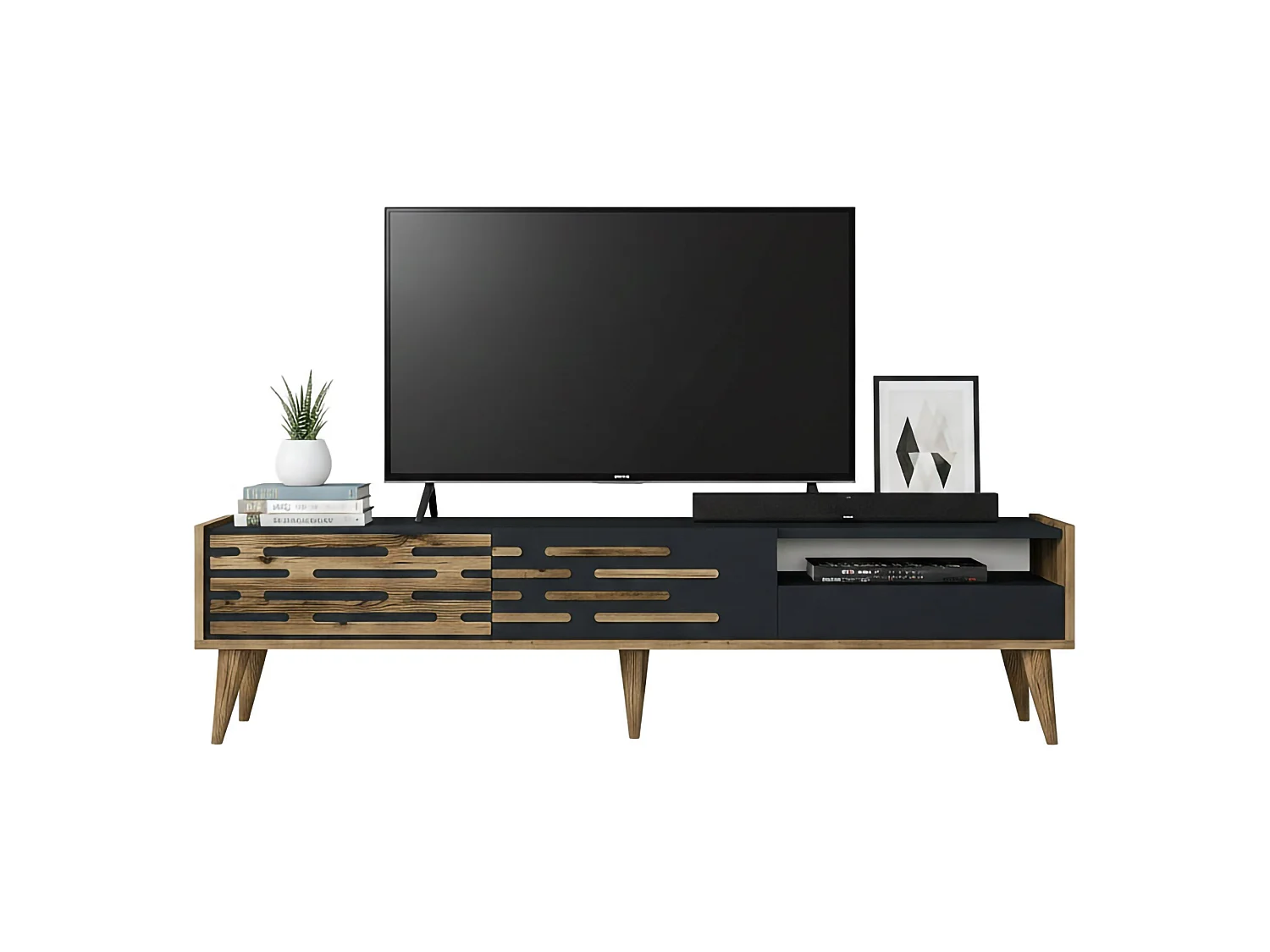 Meuble TV Alnilam, Buffet de salon, Armoire basse pour TV, Base murale de rangement, 180x45h35 cm, Anthracite et Noyer