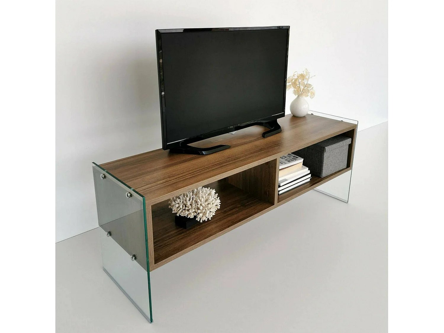 Meuble TV Algorab, Buffet de salon, Armoire basse pour TV, Base murale de rangement, 120x35h45 cm, Noyer