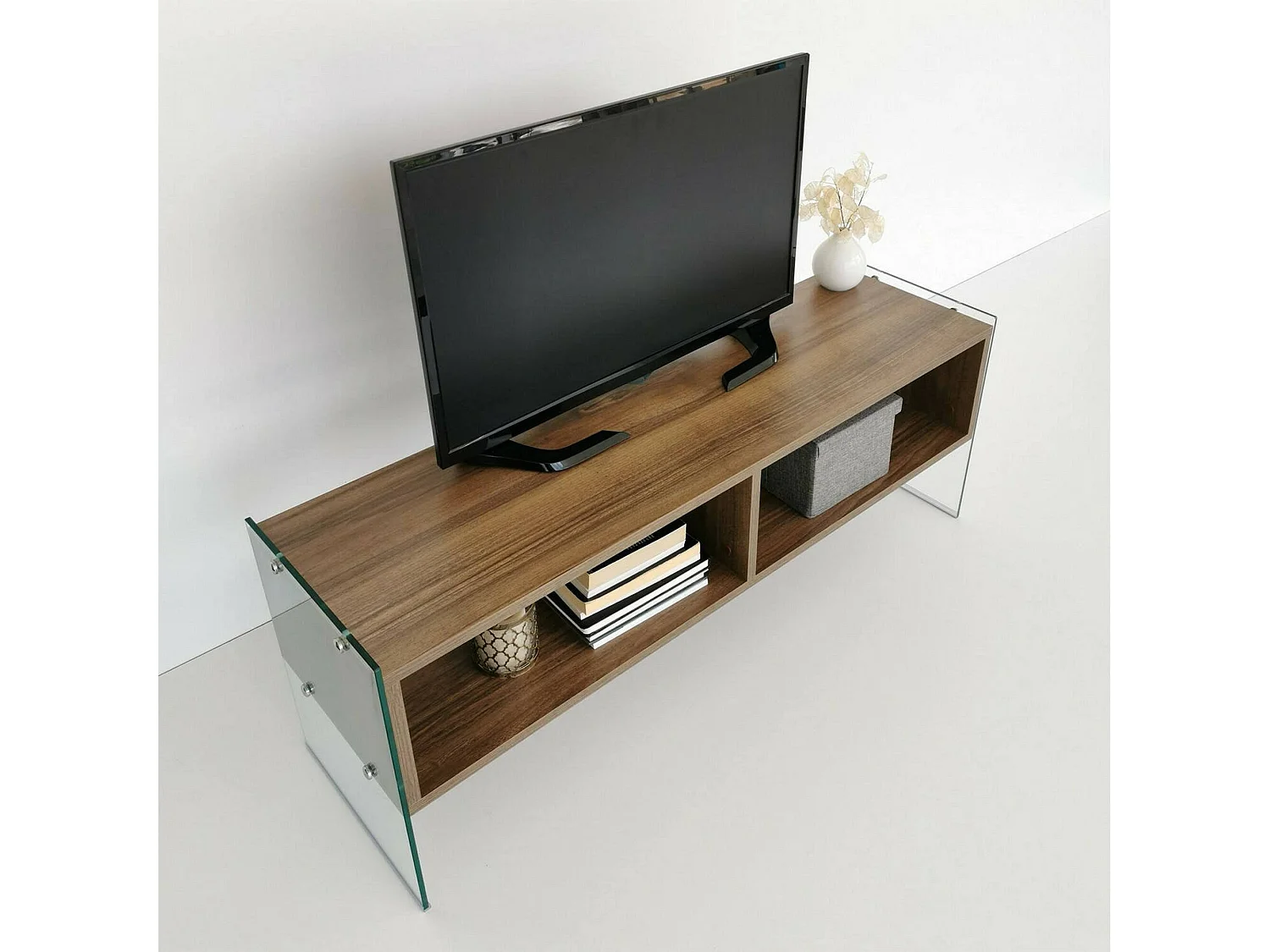 Armário de suporte de TV Dbennace, Aparador de sala, Armário de TV baixo, Base de parede equipada, 120x35h45 cm, Nogueira