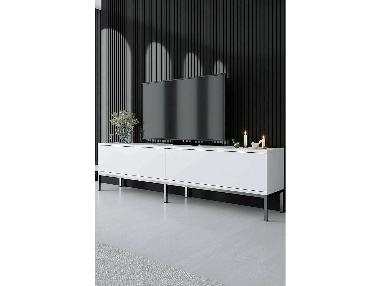 Mueble de televisión Dpetrell, Aparador de salón, Mueble bajo para TV, Base de pared equipada, 180x30h47 cm, Blanco y Plata
