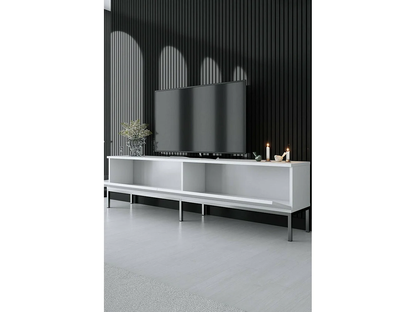 Dpetrell tv-meubel, woonkamermeubel, lage tv-meubel, wandstandaard, 180x30h47 cm, wit en zilver