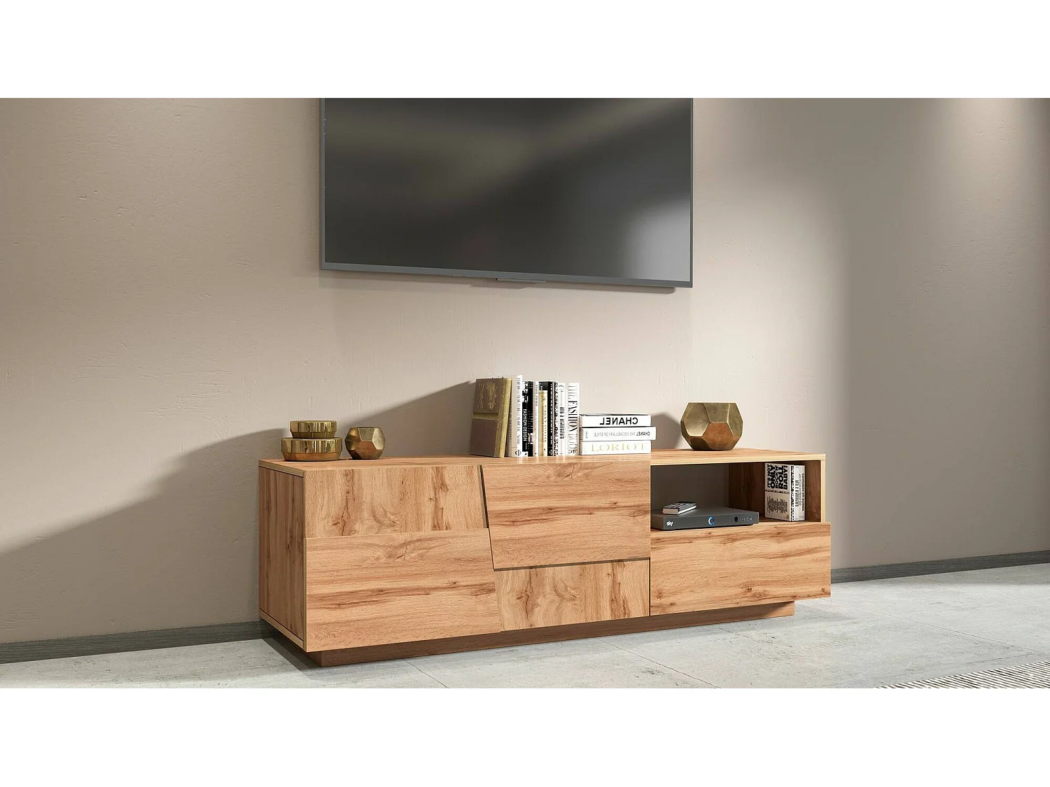Meuble TV Velio, Buffet bas de salon avec 2 portes et 1 tiroir, base meuble TV, 150x44h46 cm, Chêne