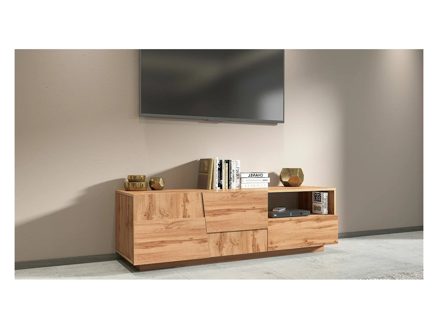 Meuble TV Velio, Buffet bas de salon avec 2 portes et 1 tiroir, base meuble TV, 150x44h46 cm, Chêne