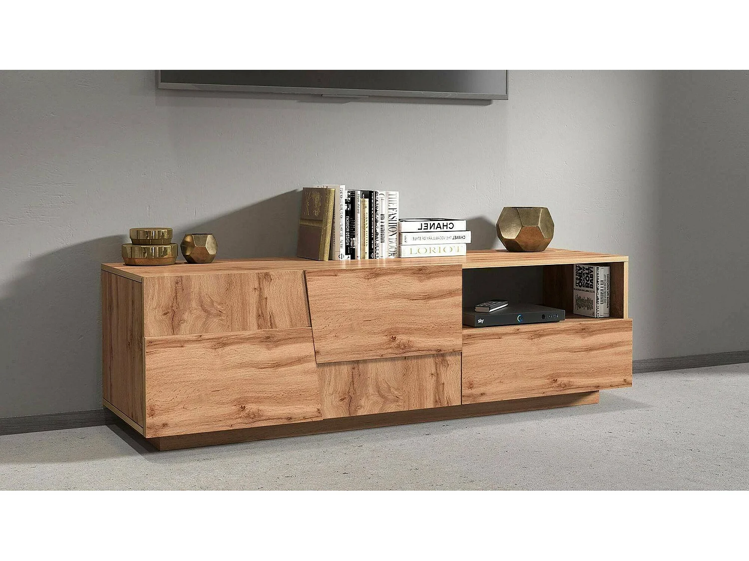 Meuble TV Velio, Buffet bas de salon avec 2 portes et 1 tiroir, base meuble TV, 150x44h46 cm, Chêne