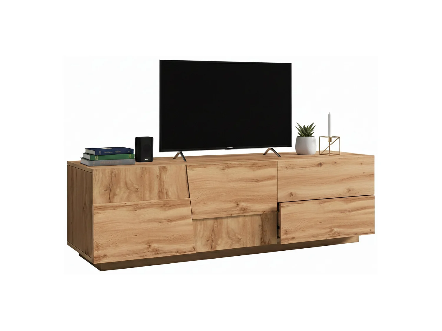 Meuble TV Velio, Buffet bas de salon avec 2 portes et 1 tiroir, base meuble TV, 150x44h46 cm, Chêne