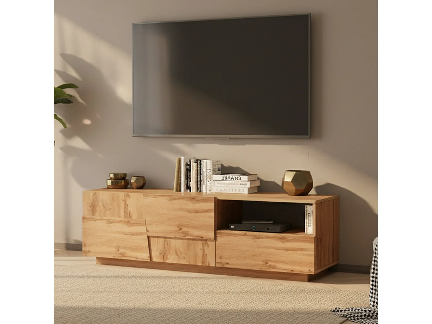 Meuble TV Velio, Buffet bas de salon avec 2 portes et 1 tiroir, base meuble TV, 150x44h46 cm, Chêne