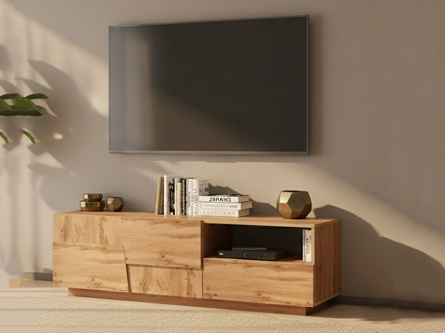 Meuble TV Velio, Buffet bas de salon avec 2 portes et 1 tiroir, base meuble TV, 150x44h46 cm, Chêne