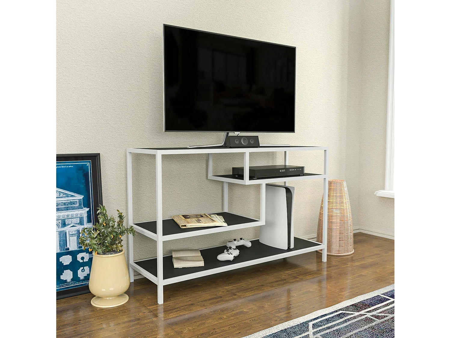 Meuble TV Vega, Buffet de salon, Armoire basse pour TV, Base murale de rangement, 120x39h75 cm, Blanc et anthracite