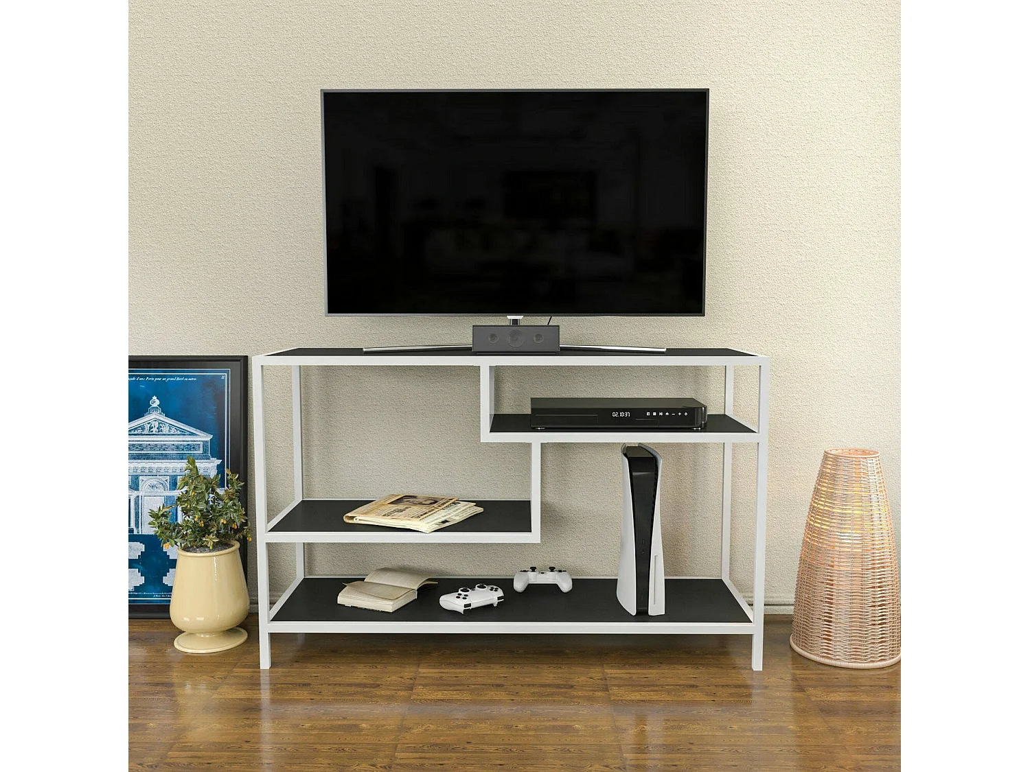 Meuble TV Vega, Buffet de salon, Armoire basse pour TV, Base murale de rangement, 120x39h75 cm, Blanc et anthracite