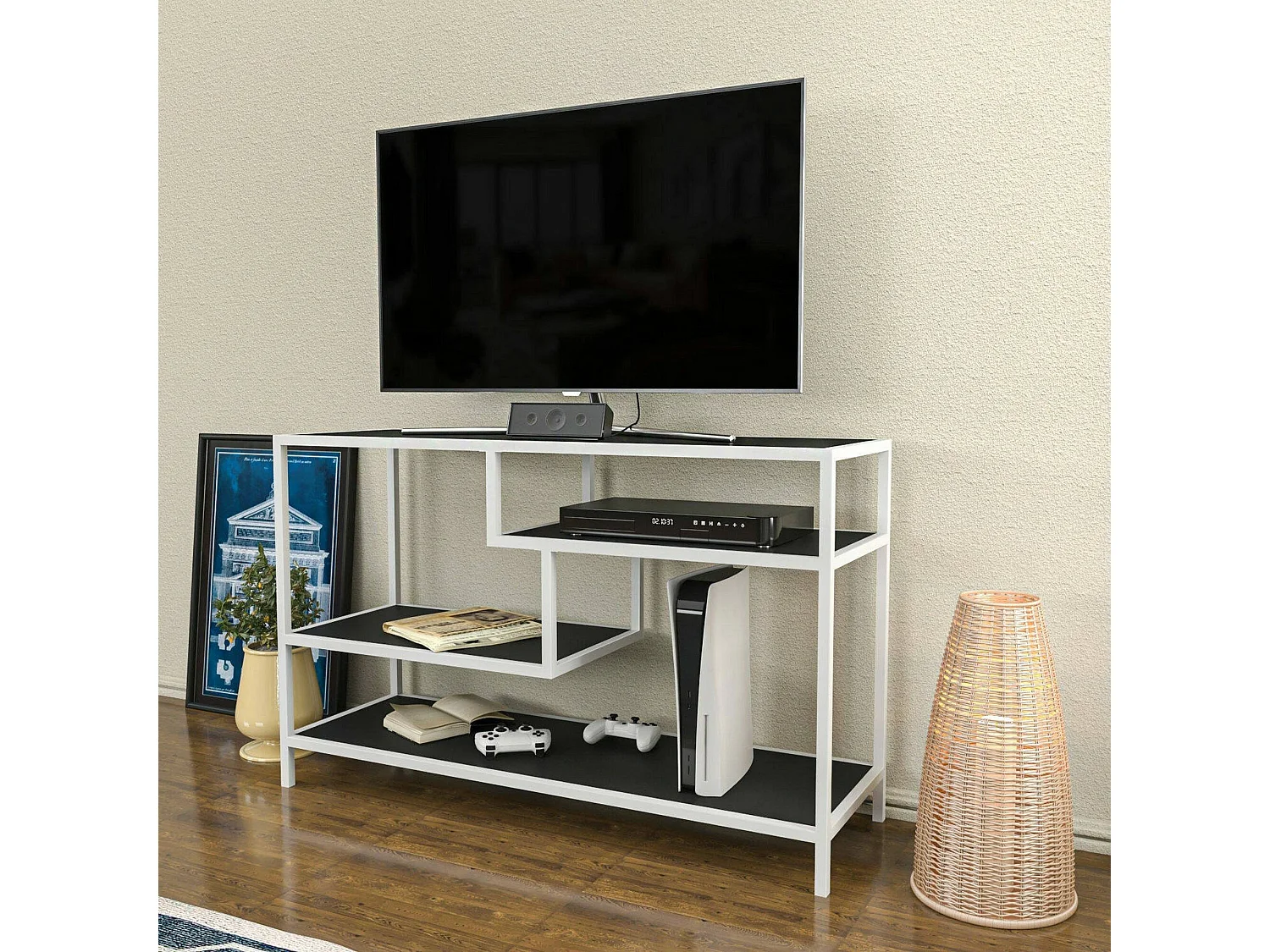 Fernsehschrank Dplizzar, Ständer für Wohnzimmerfernseher, Niedriges Wohnzimmer-Sideboard, TV-Ständerbasis, 120x39h75 cm, WeiÃŸ und Anthrazit