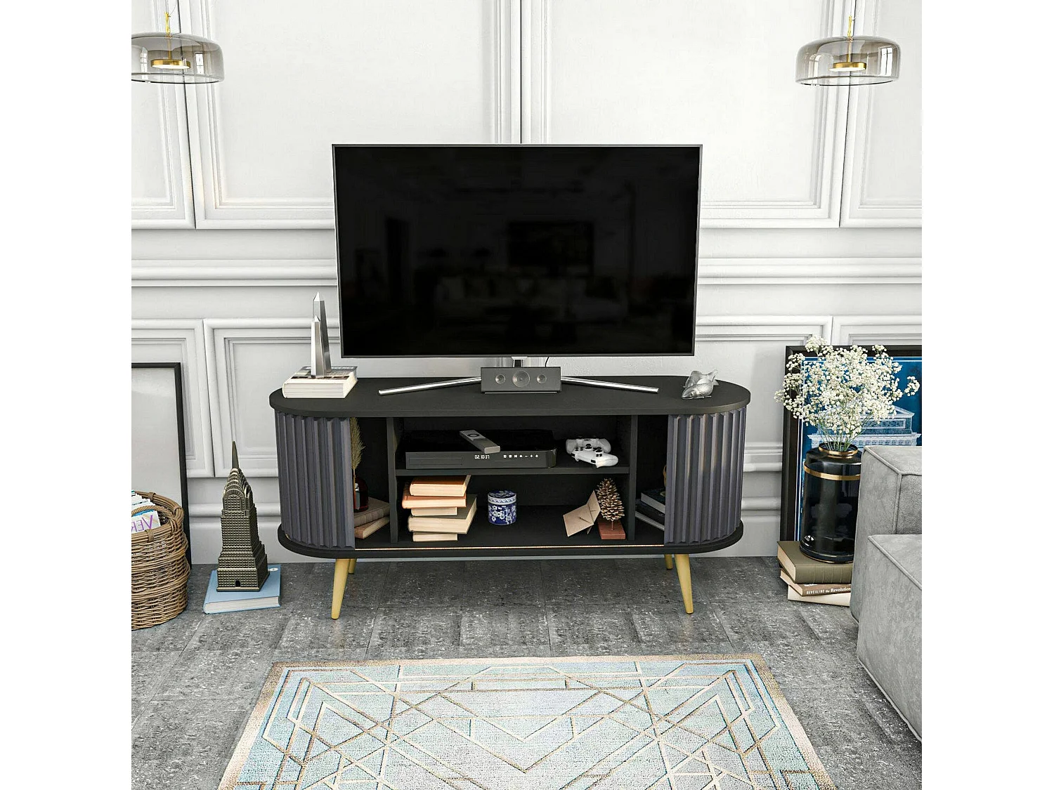 Desteve tv-houder, bijzitDag, lage tv-kast, wandstandaard, 140x43h64 cm, zwart en antraciet