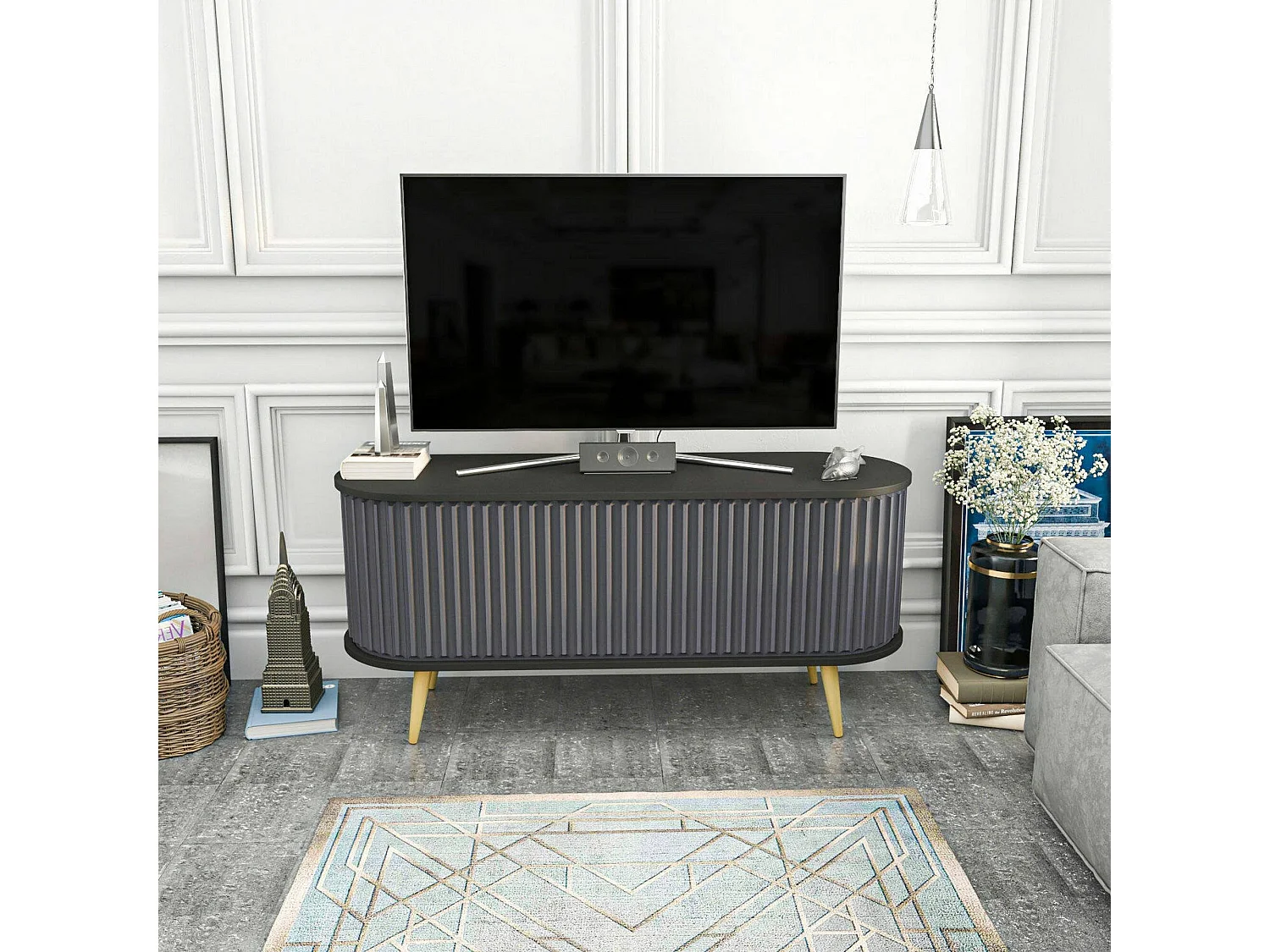 Suporte de TV móvel Desteve, Aparador de soDia a dia, Armário baixo para TV, Base de parede equipada, 140x43h64 cm, Preto e Antracite