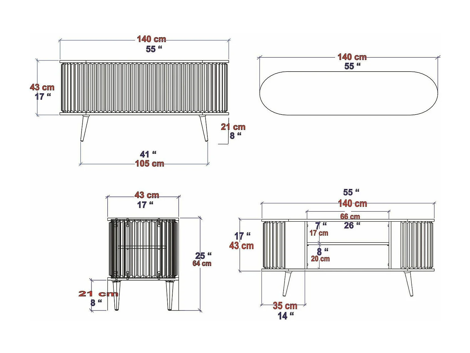 Mueble de televisión Desteve, Aparador de salón, Mueble bajo para TV, Base de pared equipada, 140x43h64 cm, Negro y Antracita