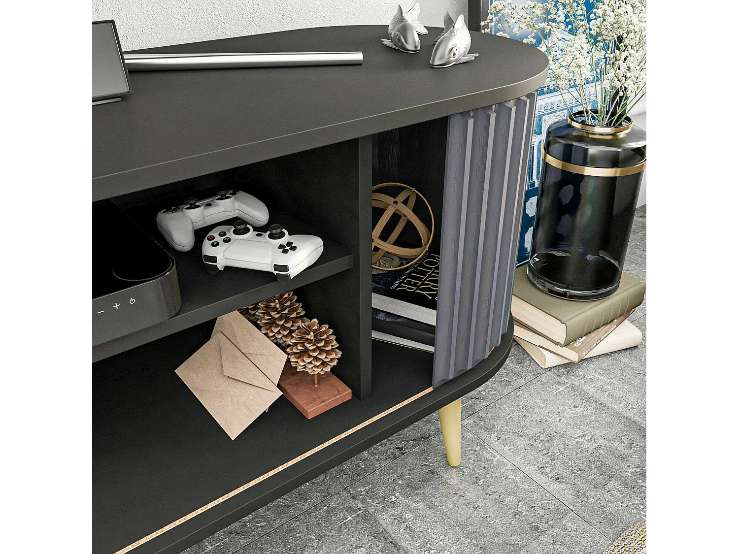 Mueble de televisión Desteve, Aparador de salón, Mueble bajo para TV, Base de pared equipada, 140x43h64 cm, Negro y Antracita