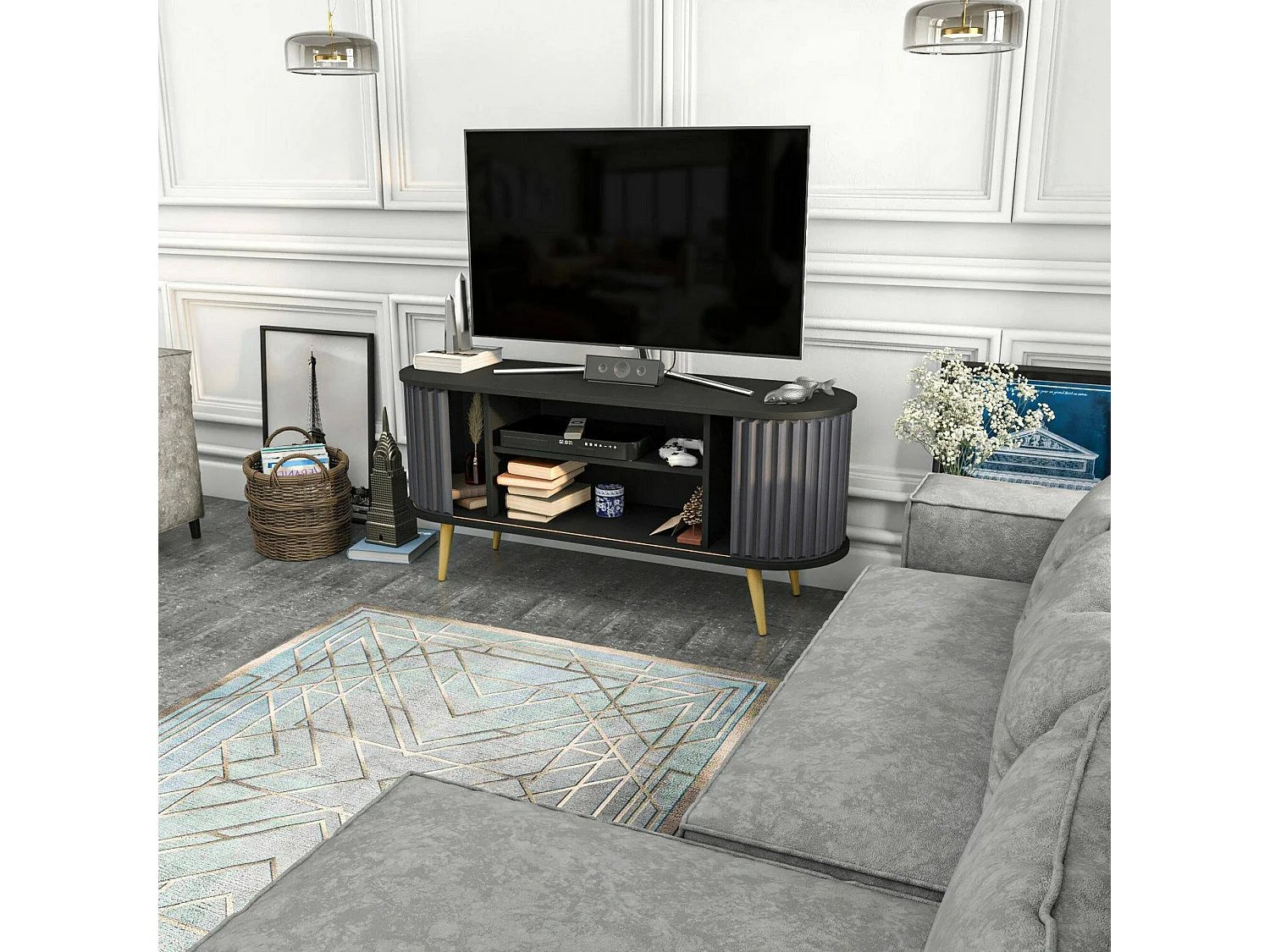 Meuble TV Aludra, Buffet de salon, Armoire basse pour TV, Base murale de rangement, 140x43h64 cm, Noir et Anthracite