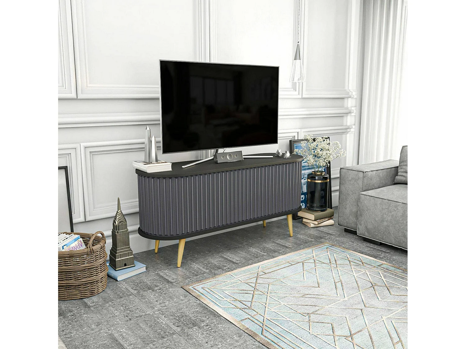Meuble TV Aludra, Buffet de salon, Armoire basse pour TV, Base murale de rangement, 140x43h64 cm, Noir et Anthracite