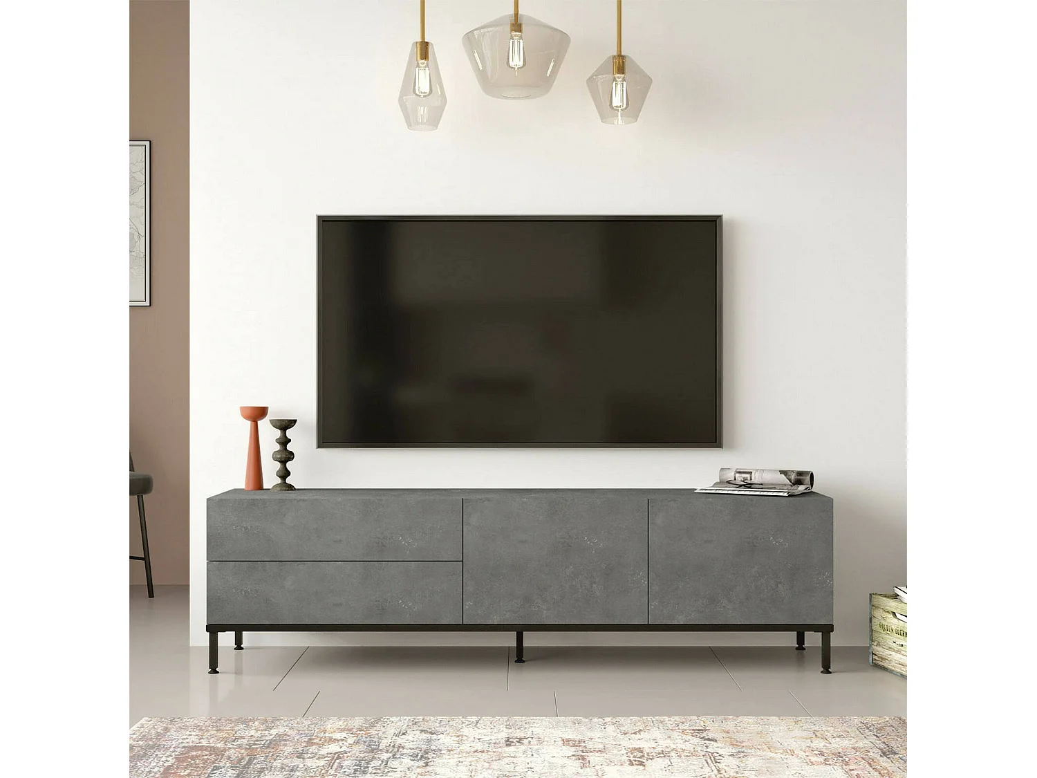 Meuble TV Alsih, Buffet de salon, Armoire basse pour TV, Base murale de rangement, 170x36h46 cm, Argent et Noir