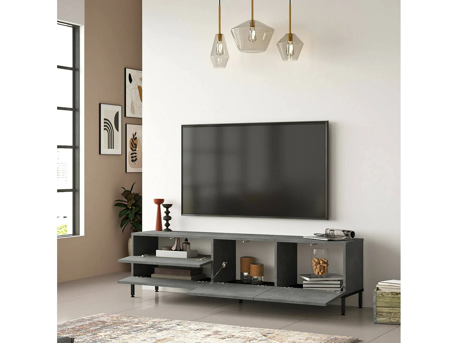 Meuble TV Alsih, Buffet de salon, Armoire basse pour TV, Base murale de rangement, 170x36h46 cm, Argent et Noir