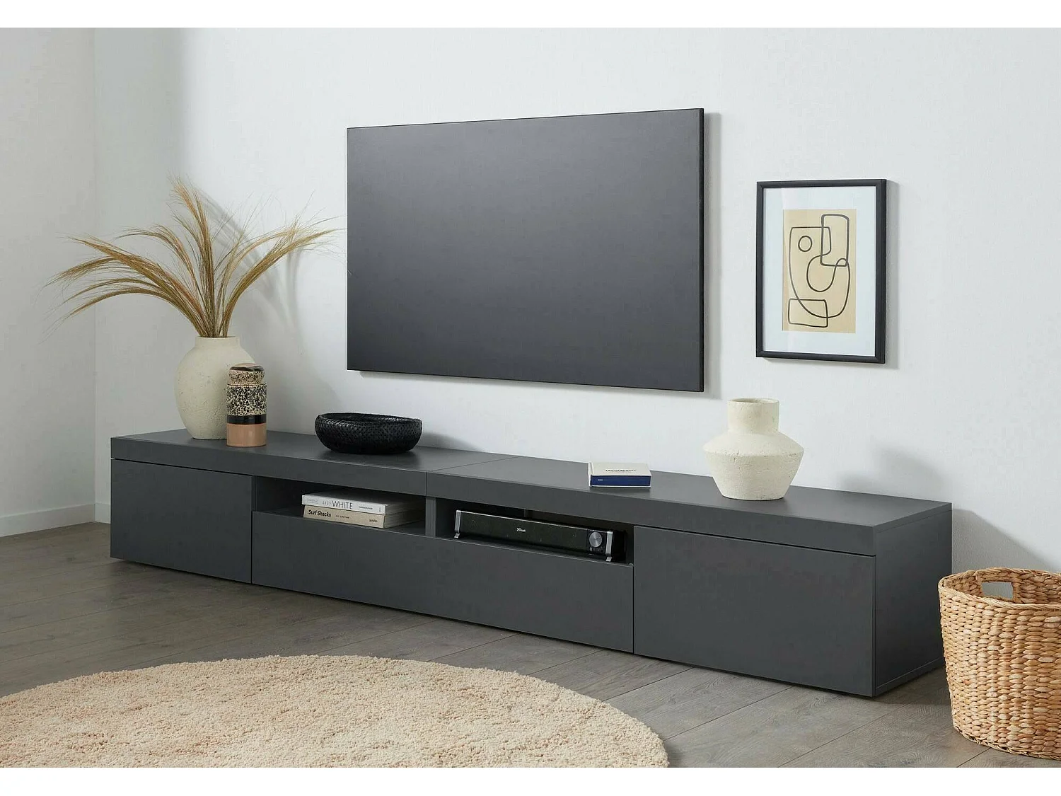 TV-Ständer Dconsigl, niedriges Wohnzimmer-Kommode mit 3 Türen, TV-Ständer-Basis, 240x40x35 cm, Anthrazit