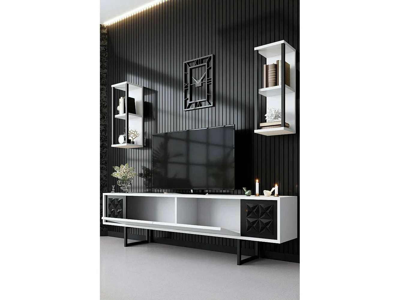 Meuble TV Kaus, Buffet de salon, Armoire basse pour TV, Base murale de rangement, 180x30h48 cm, Blanc et Noir