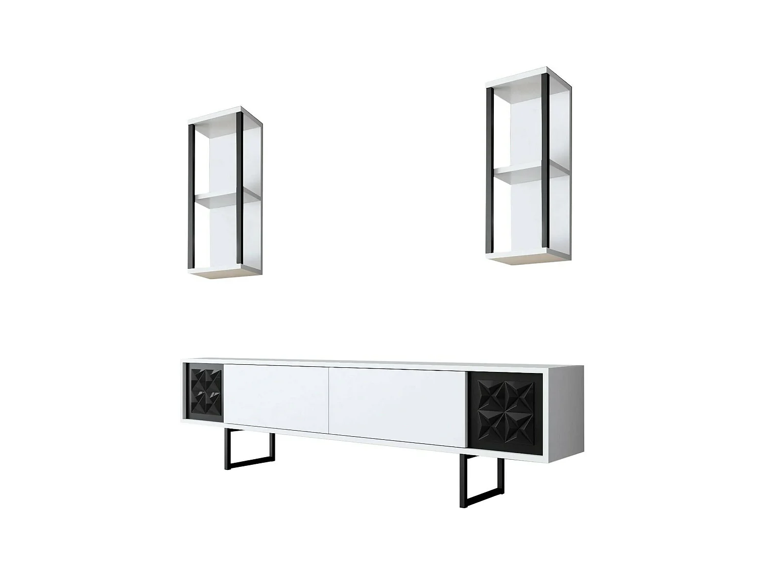 Meuble TV Kaus, Buffet de salon, Armoire basse pour TV, Base murale de rangement, 180x30h48 cm, Blanc et Noir