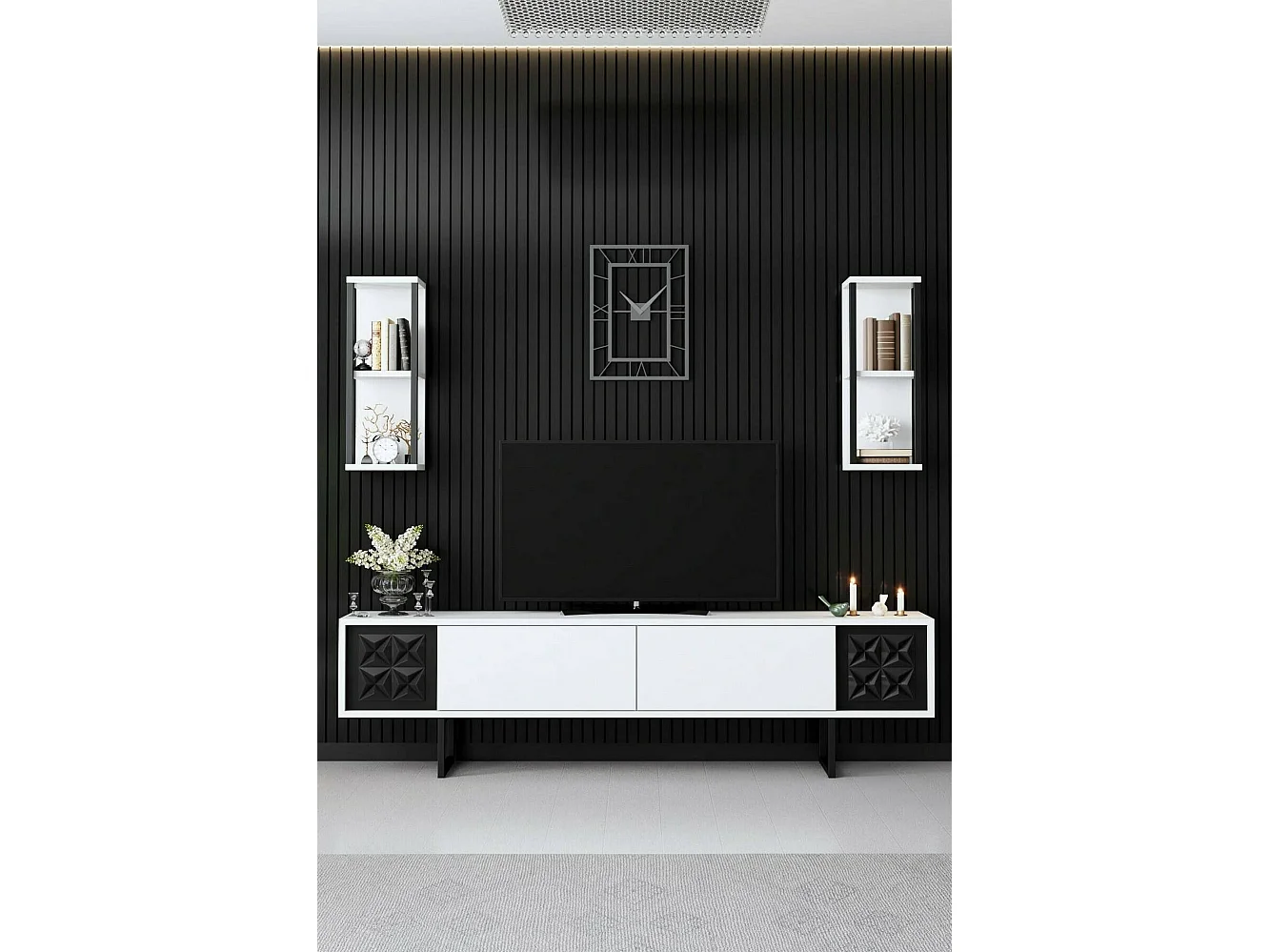Dmiggian tv-meubel, woonkamer dressoir, laag tv-meubel, uitgerust wandonderstel, 180x30h48 cm, zwart-wit
