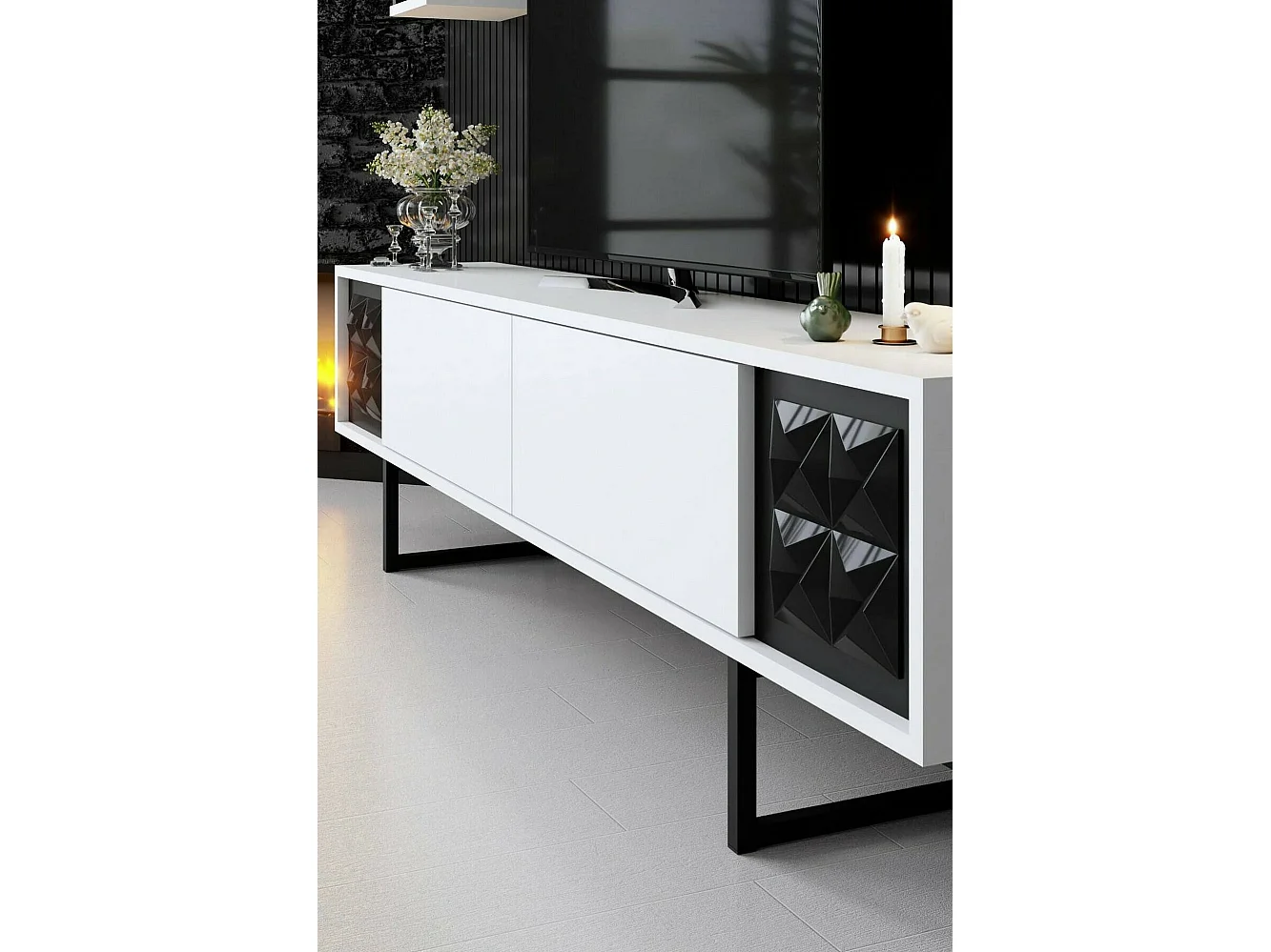 Armário de TV Dmiggian, Aparador de sala, Armário de TV baixo, Base de parede equipada, 180x30h48 cm, Preto e branco