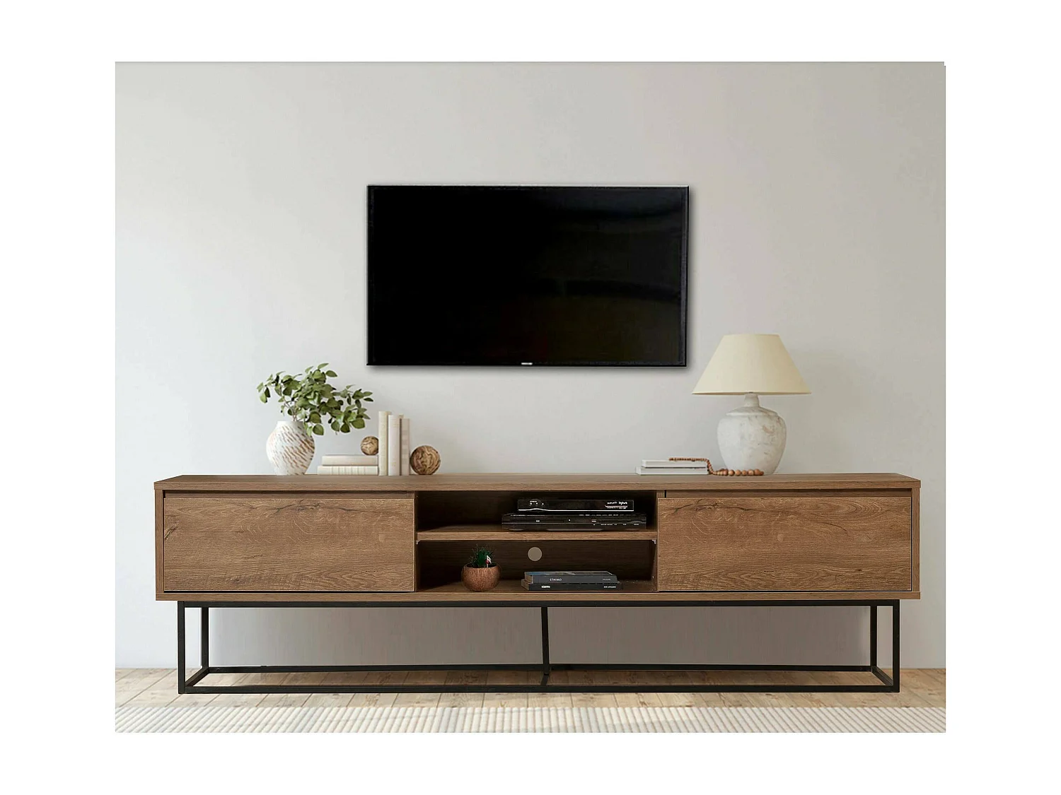 Meuble TV Selena, Buffet de salon, Armoire basse pour TV, Base murale de rangement, 180x40h50 cm, Noyer et Noir