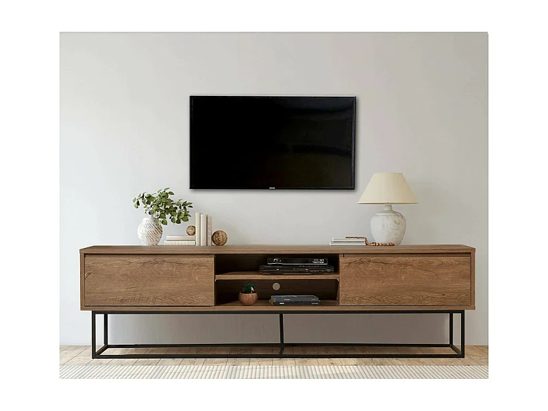 Meuble TV Selena, Buffet de salon, Armoire basse pour TV, Base murale de rangement, 180x40h50 cm, Noyer et Noir