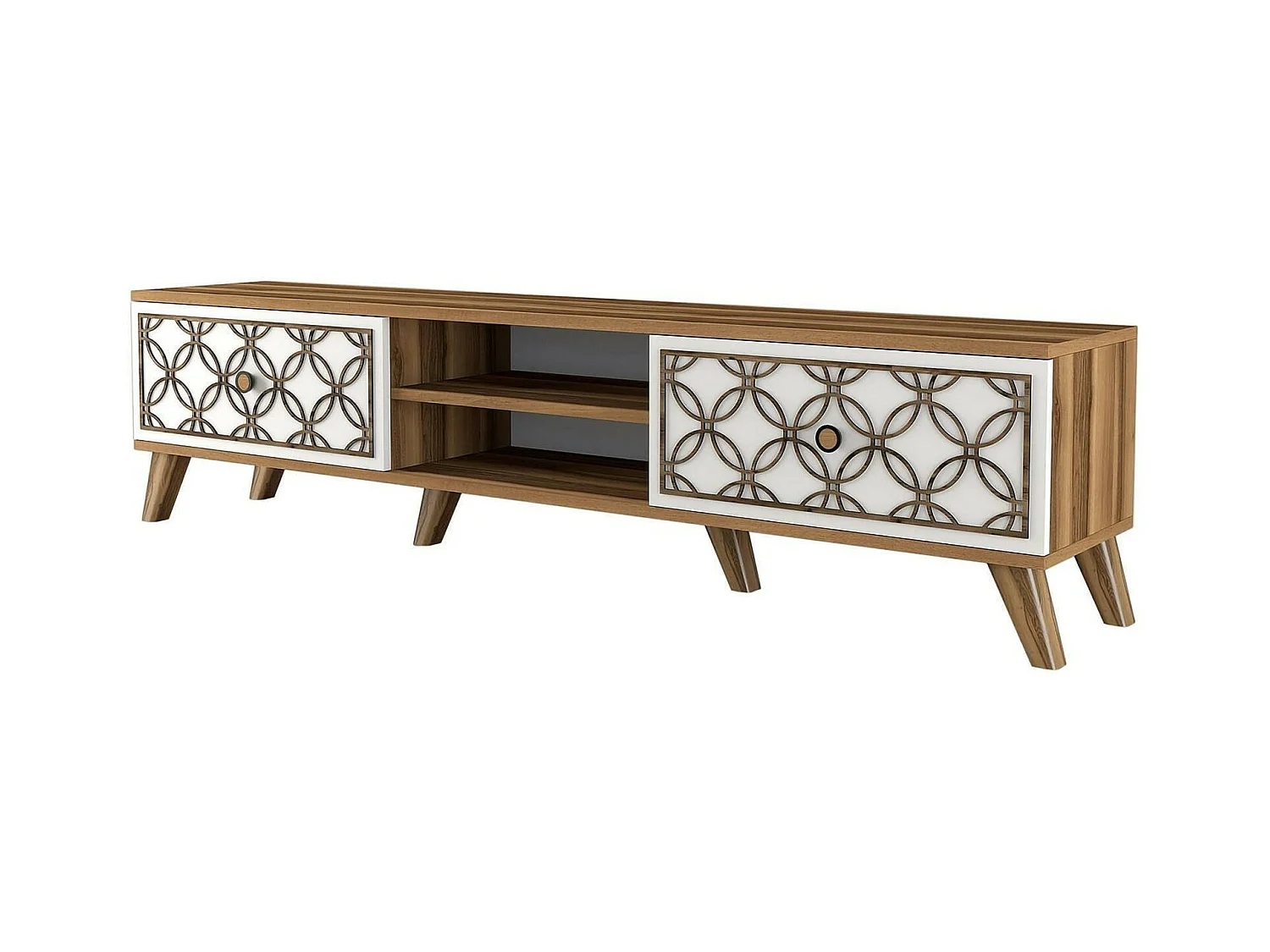Dpietr tv-meubel, woonkamer dressoir, laag tv-meubel, gemonteerd wandonderstel, 180x35h44 cm, walnoot en wit