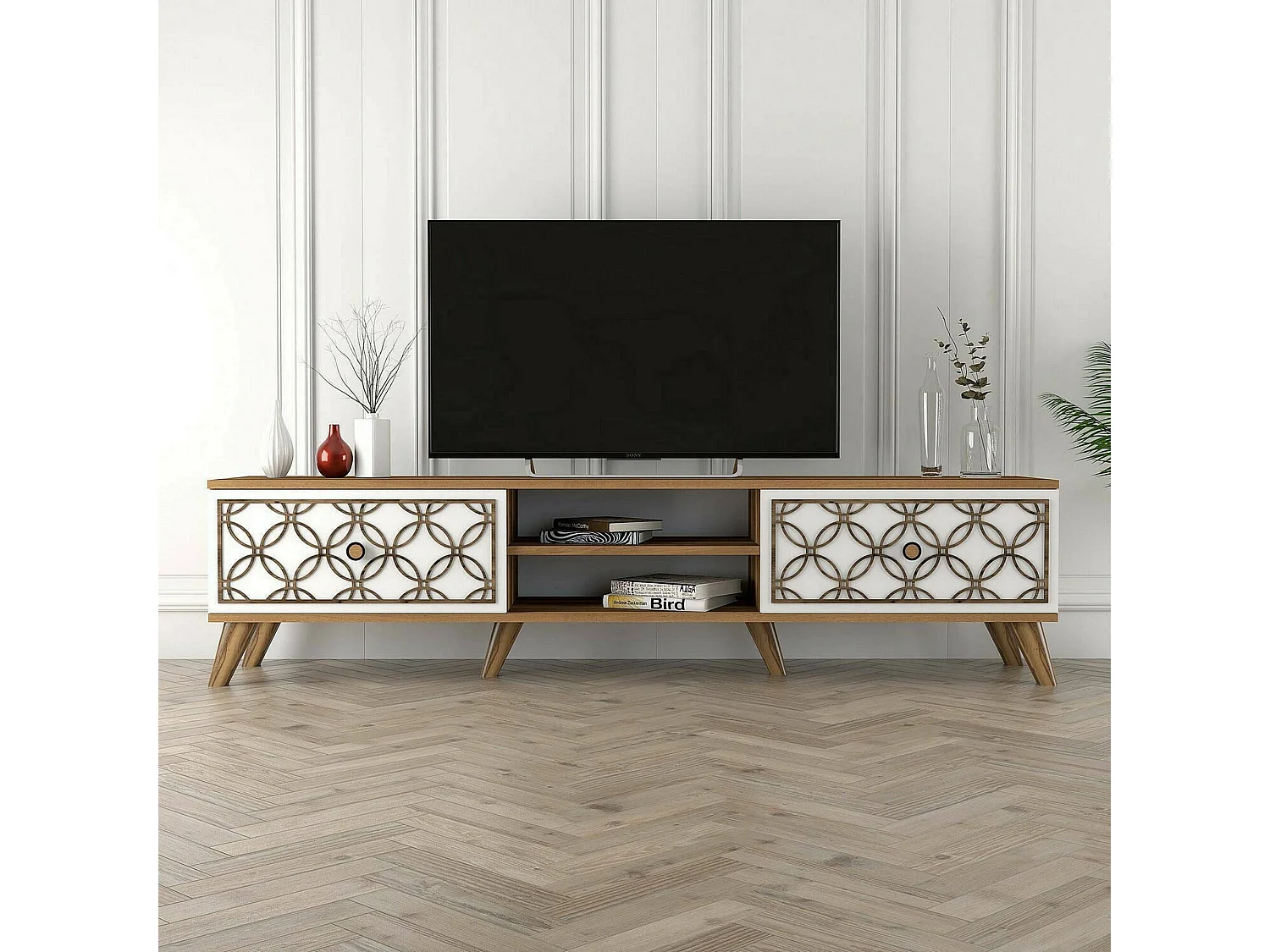 Meuble TV Skat, Buffet de salon, Armoire basse pour TV, Base murale de rangement, 180x35h44 cm, Noyer et Blanc