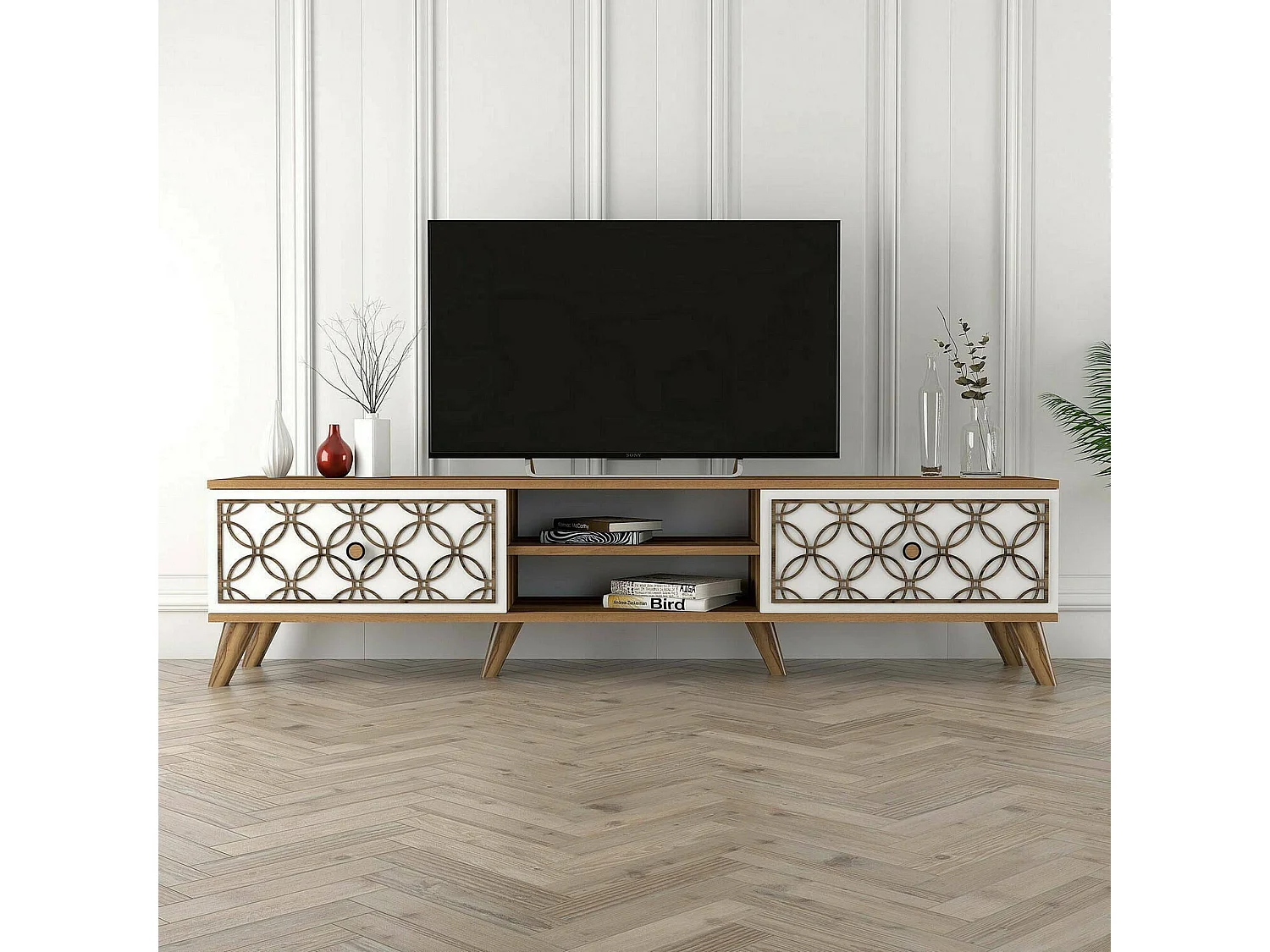 Meuble TV Skat, Buffet de salon, Armoire basse pour TV, Base murale de rangement, 180x35h44 cm, Noyer et Blanc