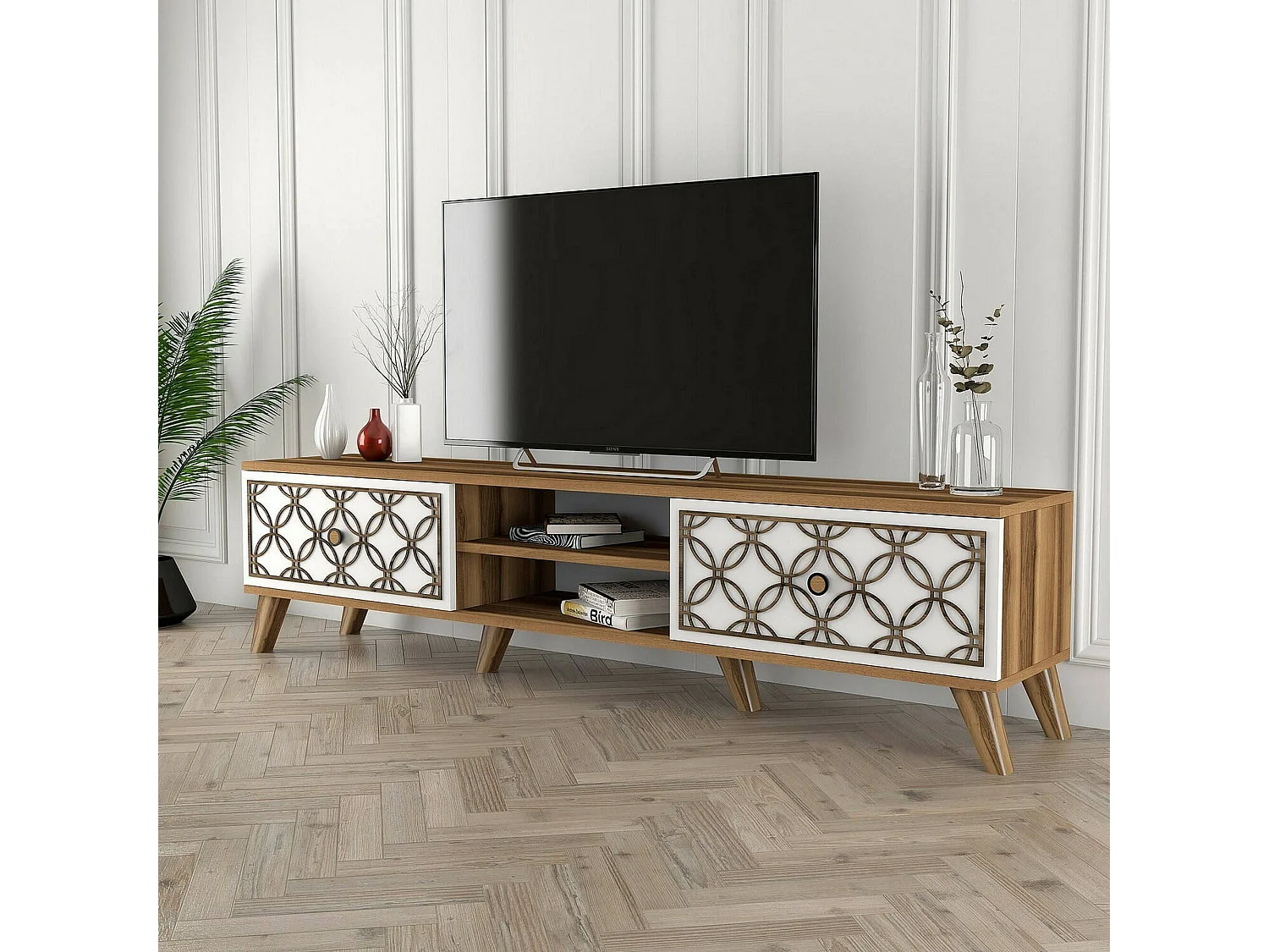 Fernsehschrank Dpietr, Ständer für Wohnzimmerfernseher, Niedriges Wohnzimmer-Sideboard, TV-Ständerbasis, 180x35h44 cm, Walnuss und WeiÃŸ