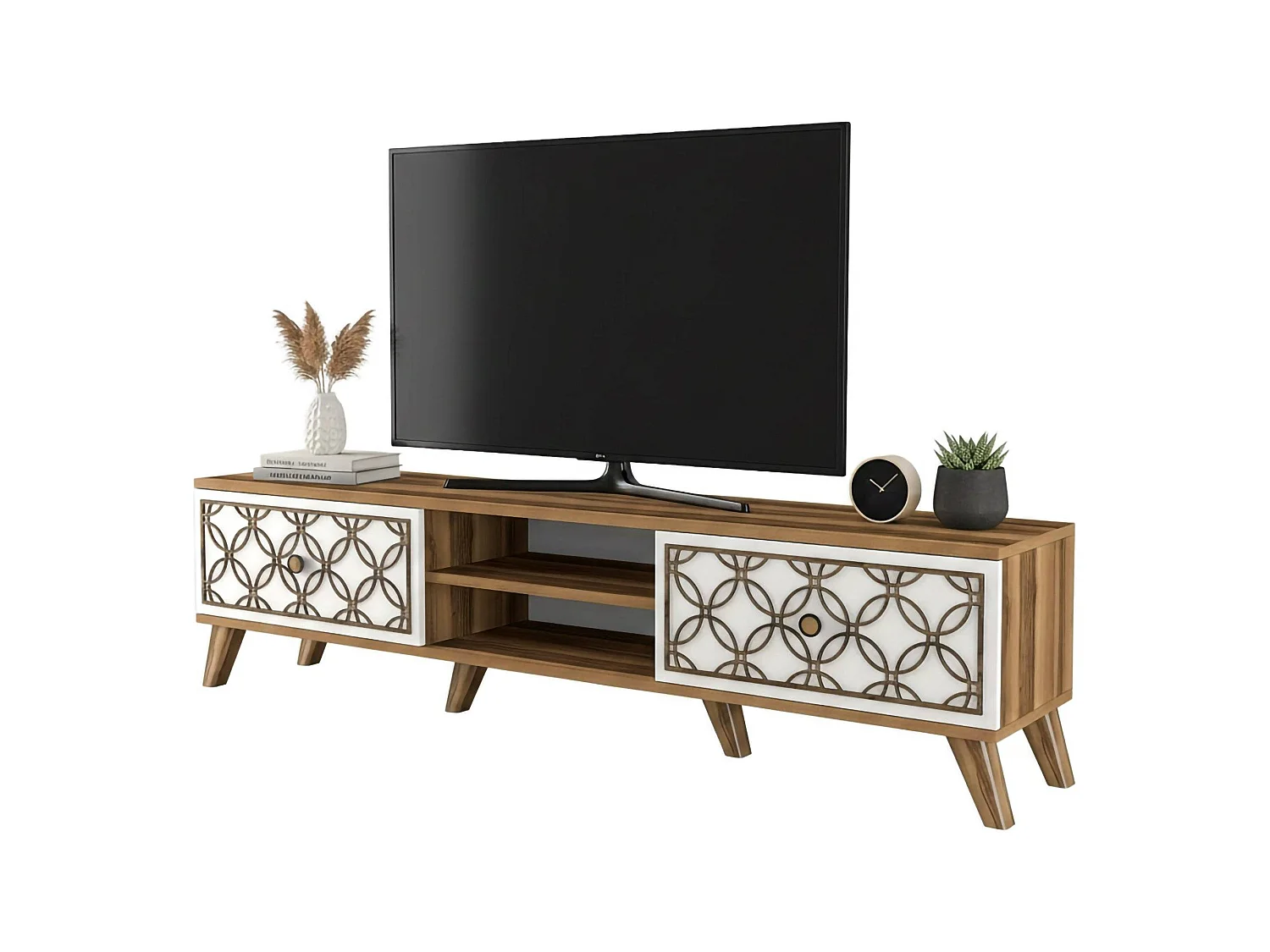 Meuble TV Skat, Buffet de salon, Armoire basse pour TV, Base murale de rangement, 180x35h44 cm, Noyer et Blanc
