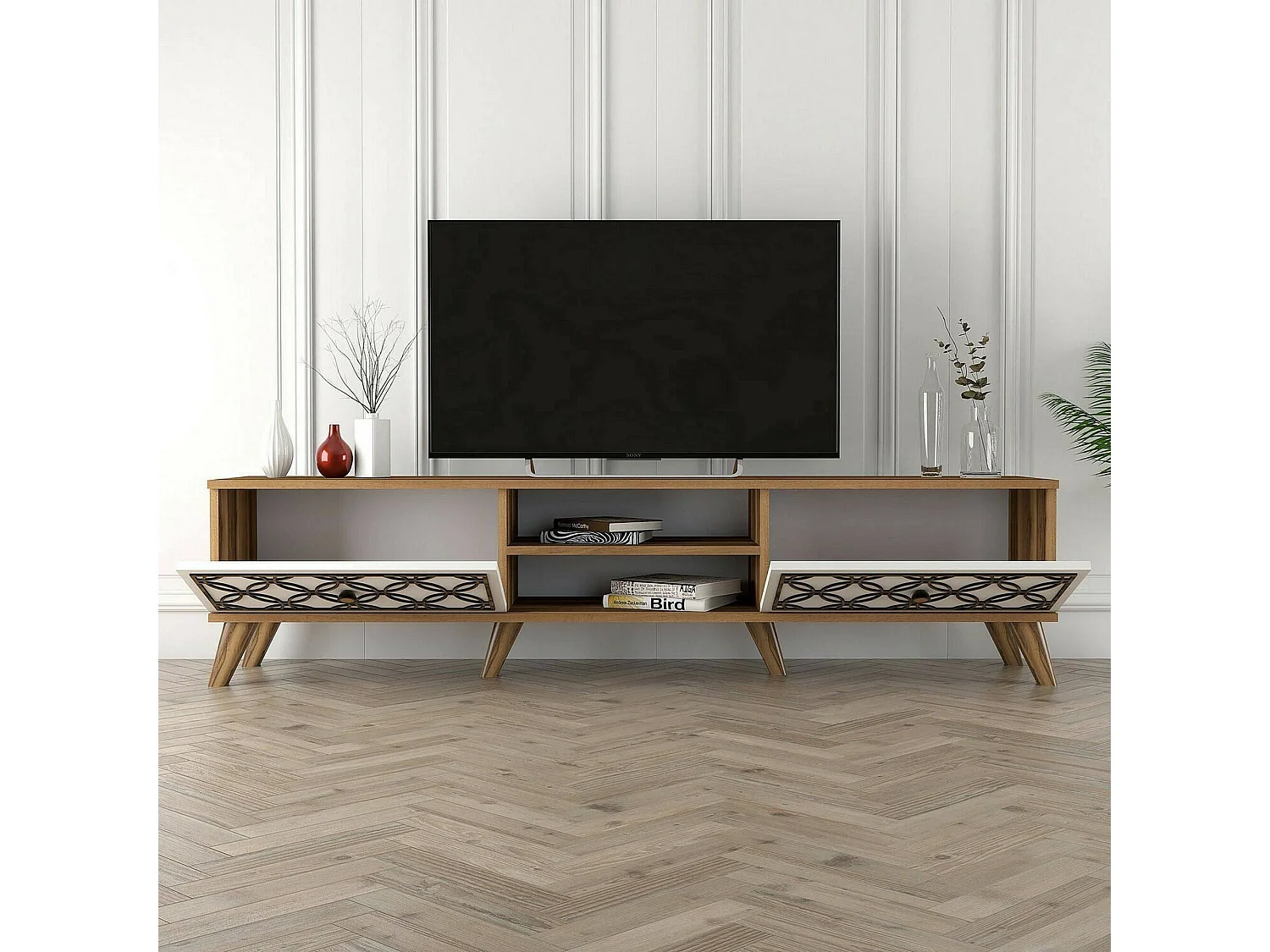 Meuble TV Skat, Buffet de salon, Armoire basse pour TV, Base murale de rangement, 180x35h44 cm, Noyer et Blanc
