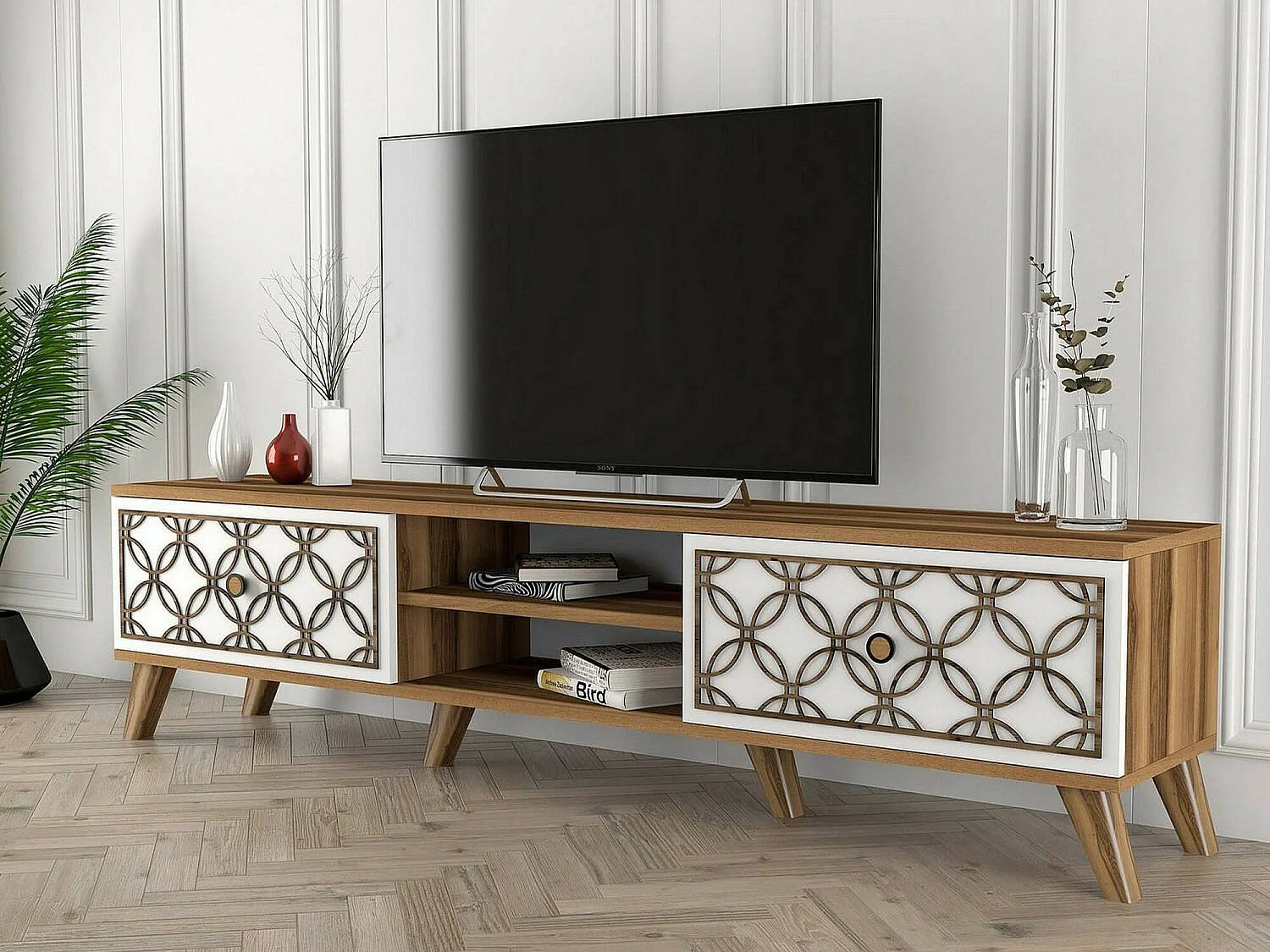 Meuble TV Skat, Buffet de salon, Armoire basse pour TV, Base murale de rangement, 180x35h44 cm, Noyer et Blanc