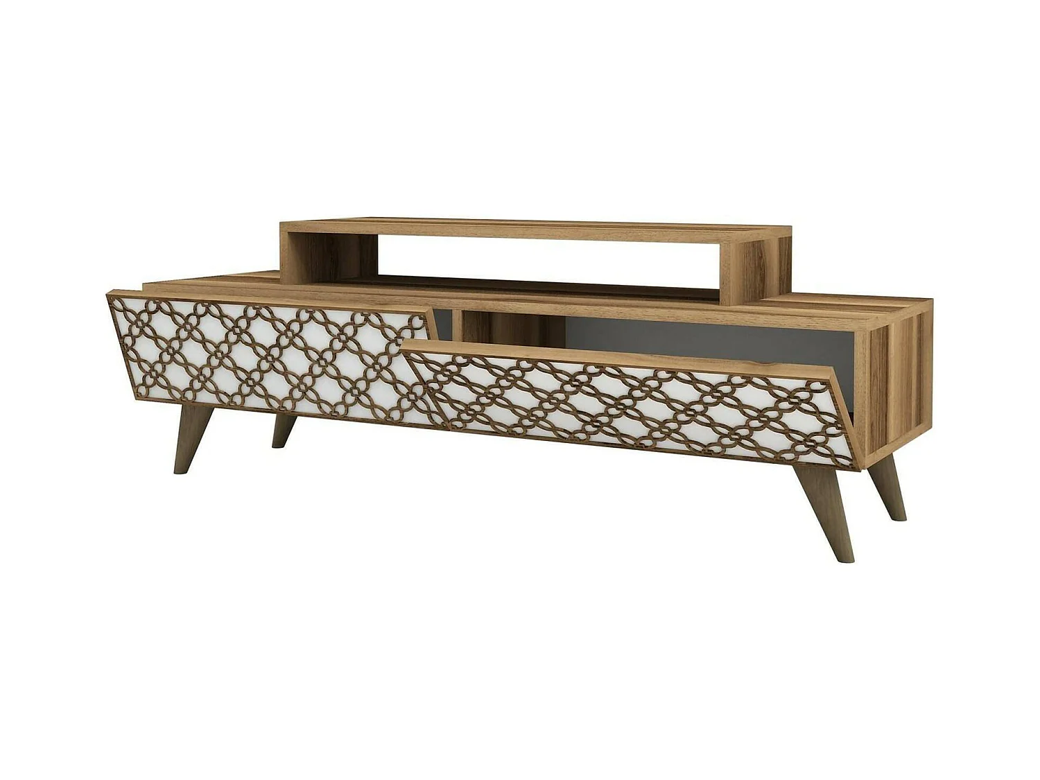 Tv-meubel DpieroBo, bijzet, lage tv-meubel, wandstandaard, 140x42h49 cm, walnoot en wit
