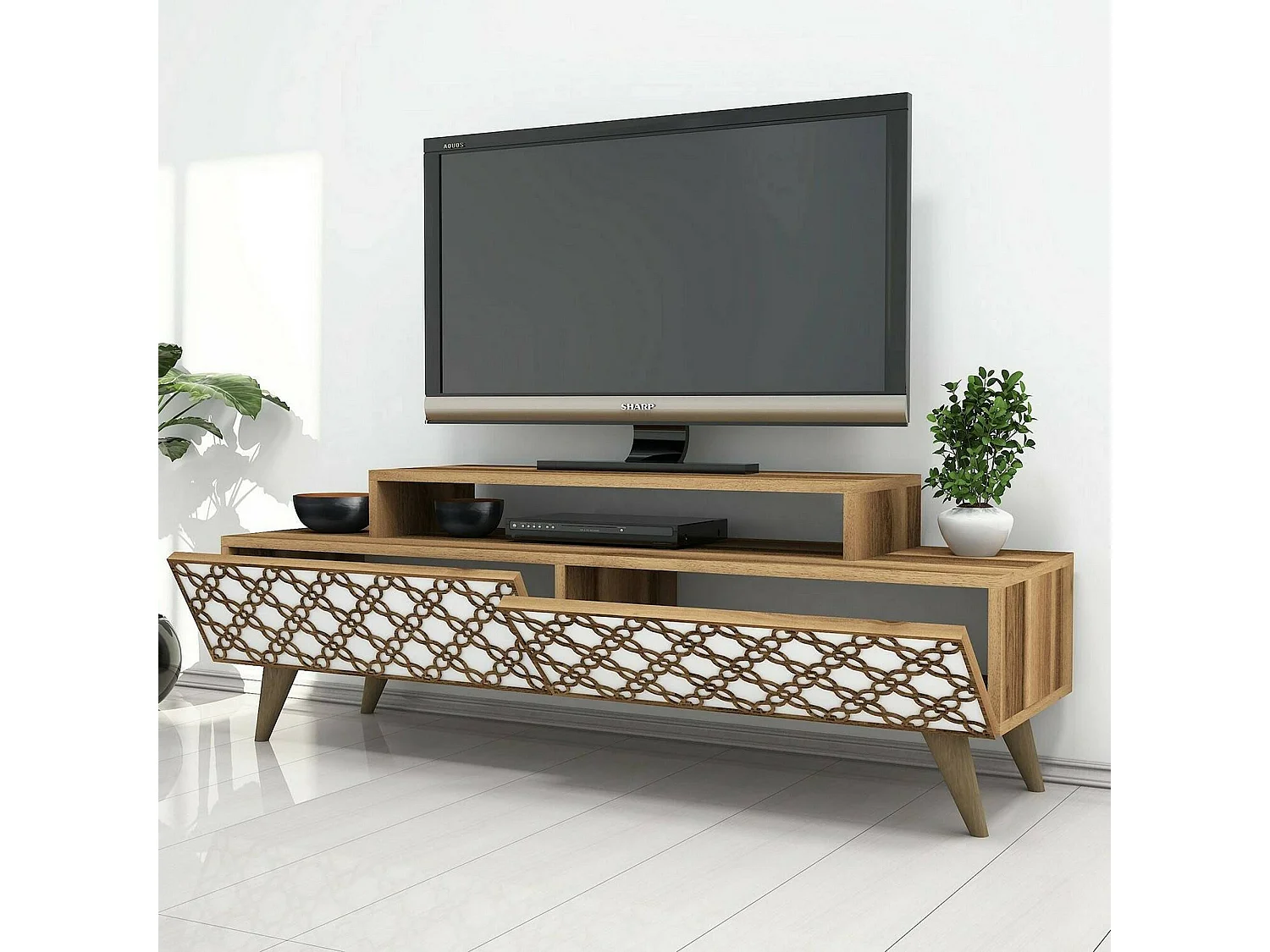 Mueble de televisión Dpierobo, Aparador de salón, Mueble bajo para TV, Base de pared equipada, 140x42h49 cm, Nogal y Blanco
