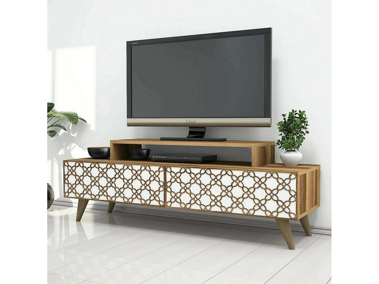 Tv-meubel DpieroBo, bijzet, lage tv-meubel, wandstandaard, 140x42h49 cm, walnoot en wit