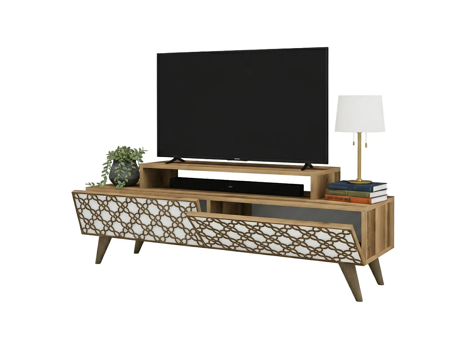 Meuble TV Sheratan, Buffet de salon, Armoire basse pour TV, Base murale de rangement, 140x42h49 cm, Noyer et Blanc