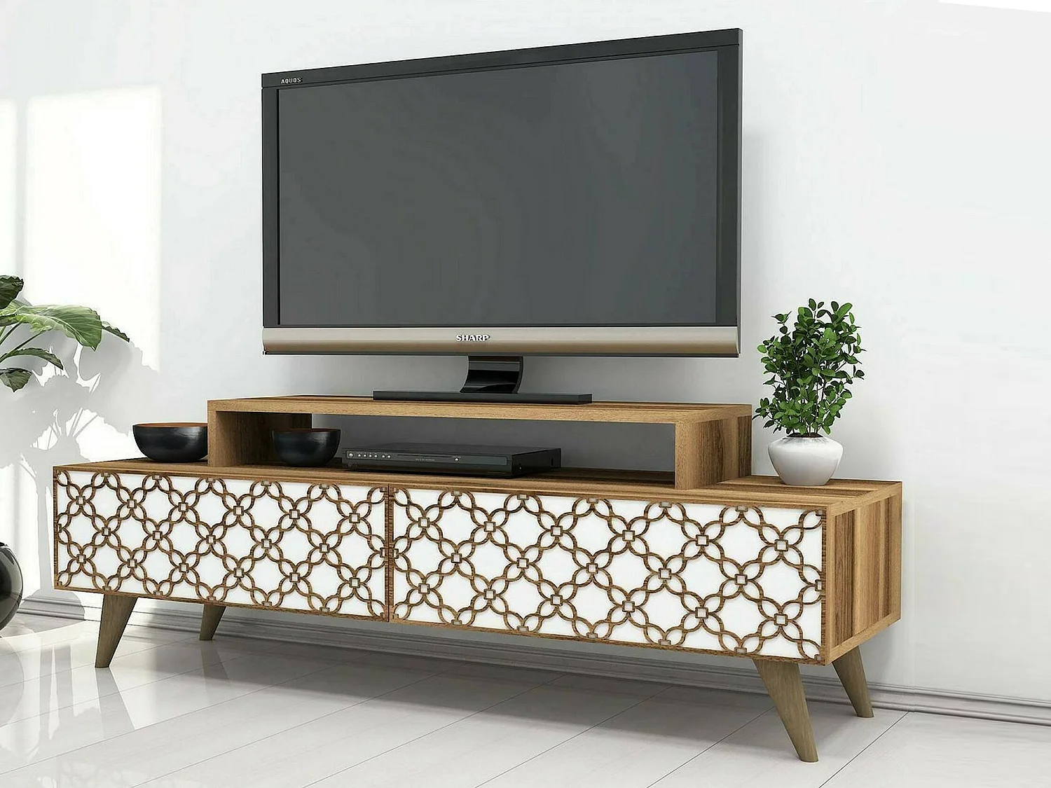 Meuble TV Sheratan, Buffet de salon, Armoire basse pour TV, Base murale de rangement, 140x42h49 cm, Noyer et Blanc