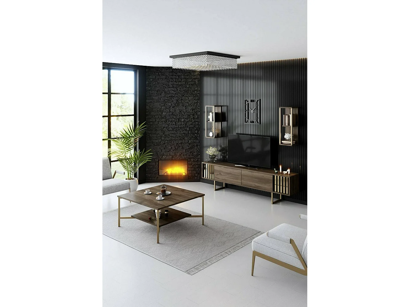 Suporte de TV Dliveran, Aparador de sala, Armário de TV baixo, Base de parede equipada, 180x30h48 cm, Nogueira e Preto