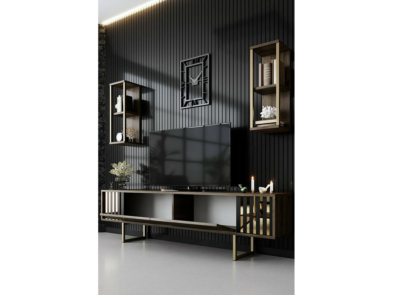 Meuble TV Eunomia, Buffet de salon, Armoire basse pour TV, Base murale de rangement, 180x30h48 cm, Noyer et Noir