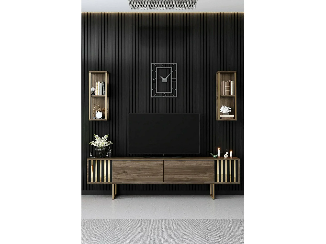Mueble de televisión Dliveran, Aparador de salón, Mueble bajo para TV, Base de pared equipada, 180x30h48 cm, Nogal y Negro