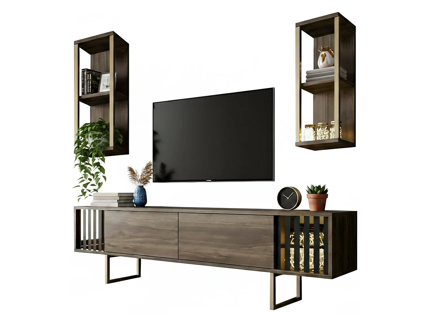 Meuble TV Eunomia, Buffet de salon, Armoire basse pour TV, Base murale de rangement, 180x30h48 cm, Noyer et Noir