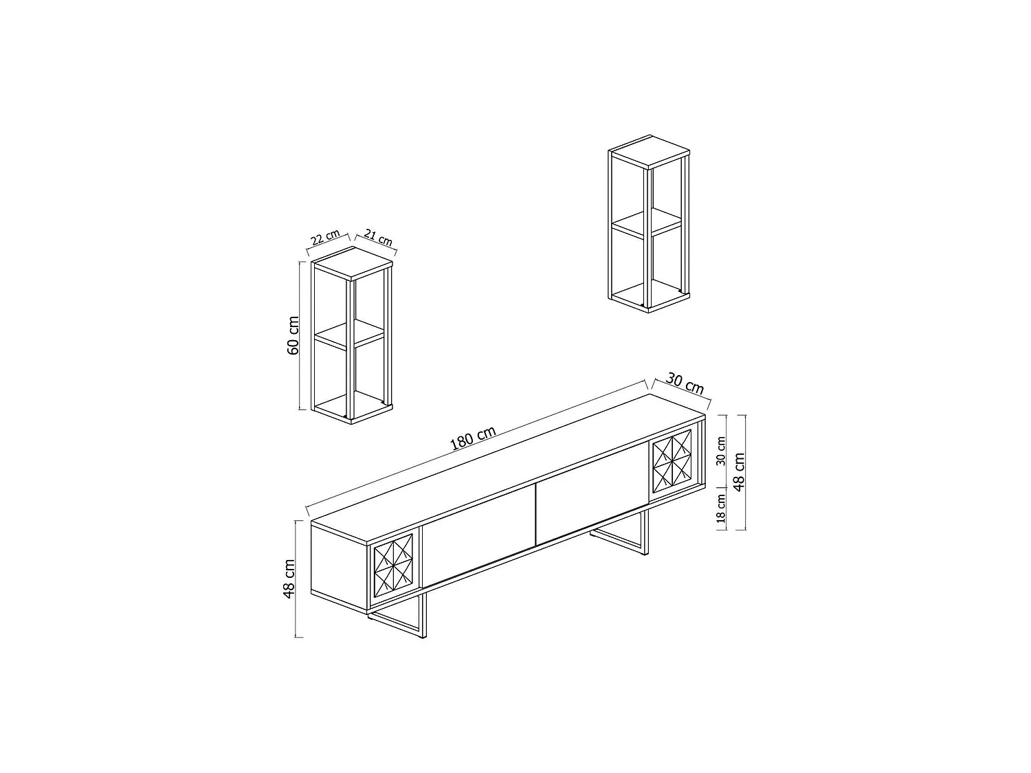 Meuble TV Eunomia, Buffet de salon, Armoire basse pour TV, Base murale de rangement, 180x30h48 cm, Noyer et Noir