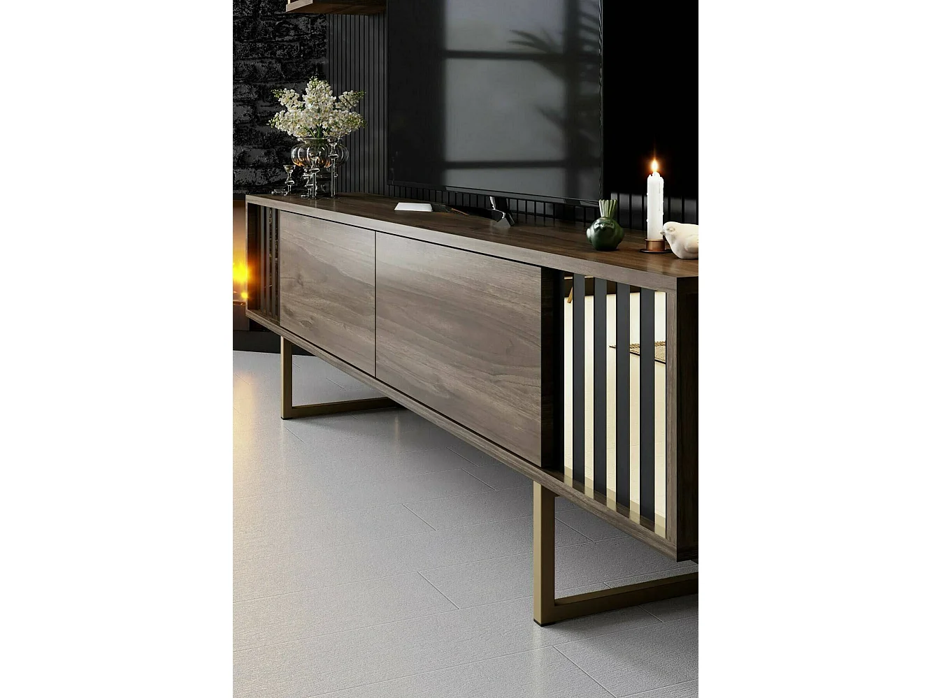 Meuble TV Eunomia, Buffet de salon, Armoire basse pour TV, Base murale de rangement, 180x30h48 cm, Noyer et Noir