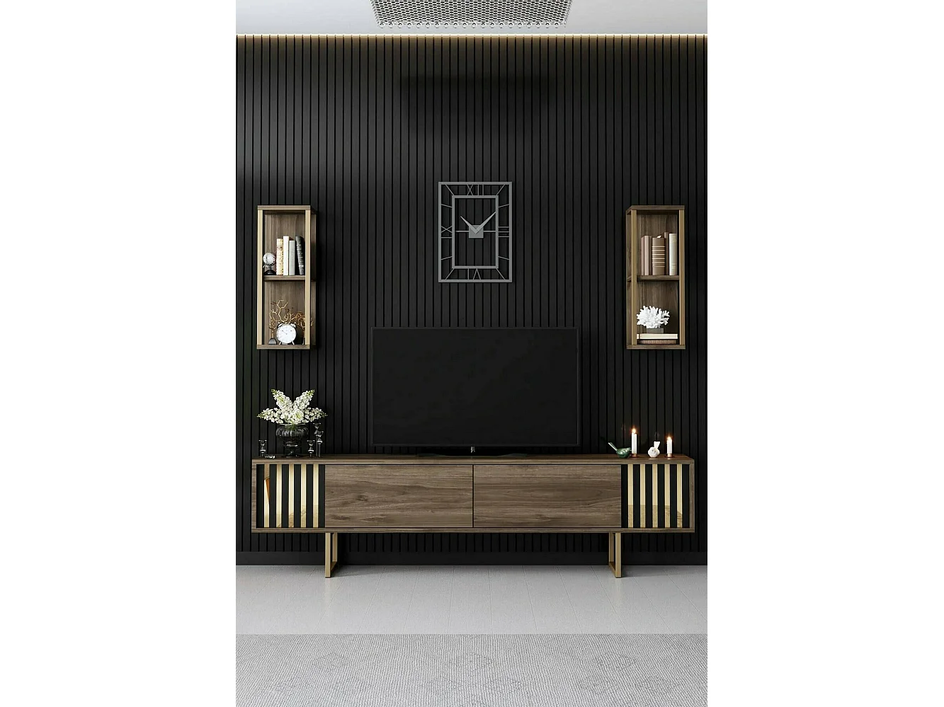 Meuble TV Eunomia, Buffet de salon, Armoire basse pour TV, Base murale de rangement, 180x30h48 cm, Noyer et Noir