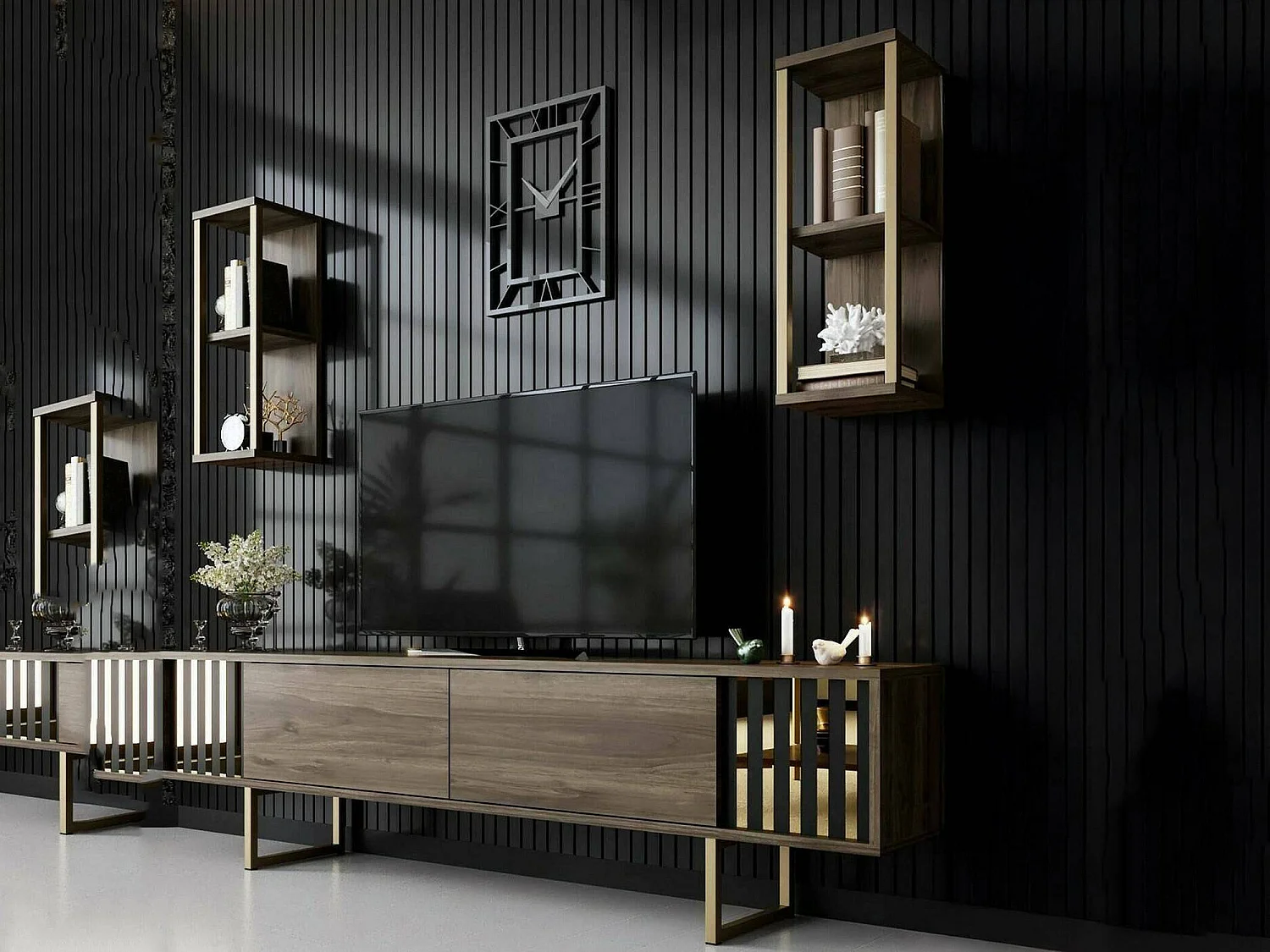 Meuble TV Eunomia, Buffet de salon, Armoire basse pour TV, Base murale de rangement, 180x30h48 cm, Noyer et Noir